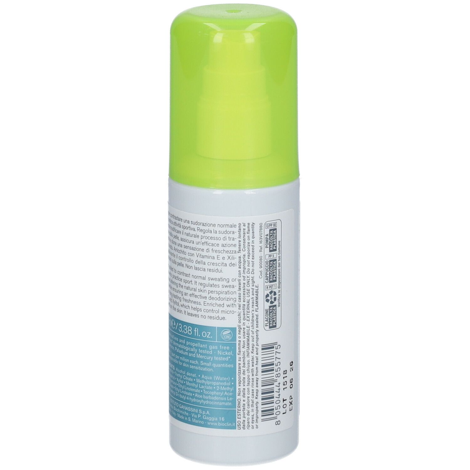 BIOCLIN Deo 24H Fresh Vapo. Flacone bianco con erogatore verde. Etichette blu e verdi con informazioni sul prodotto.