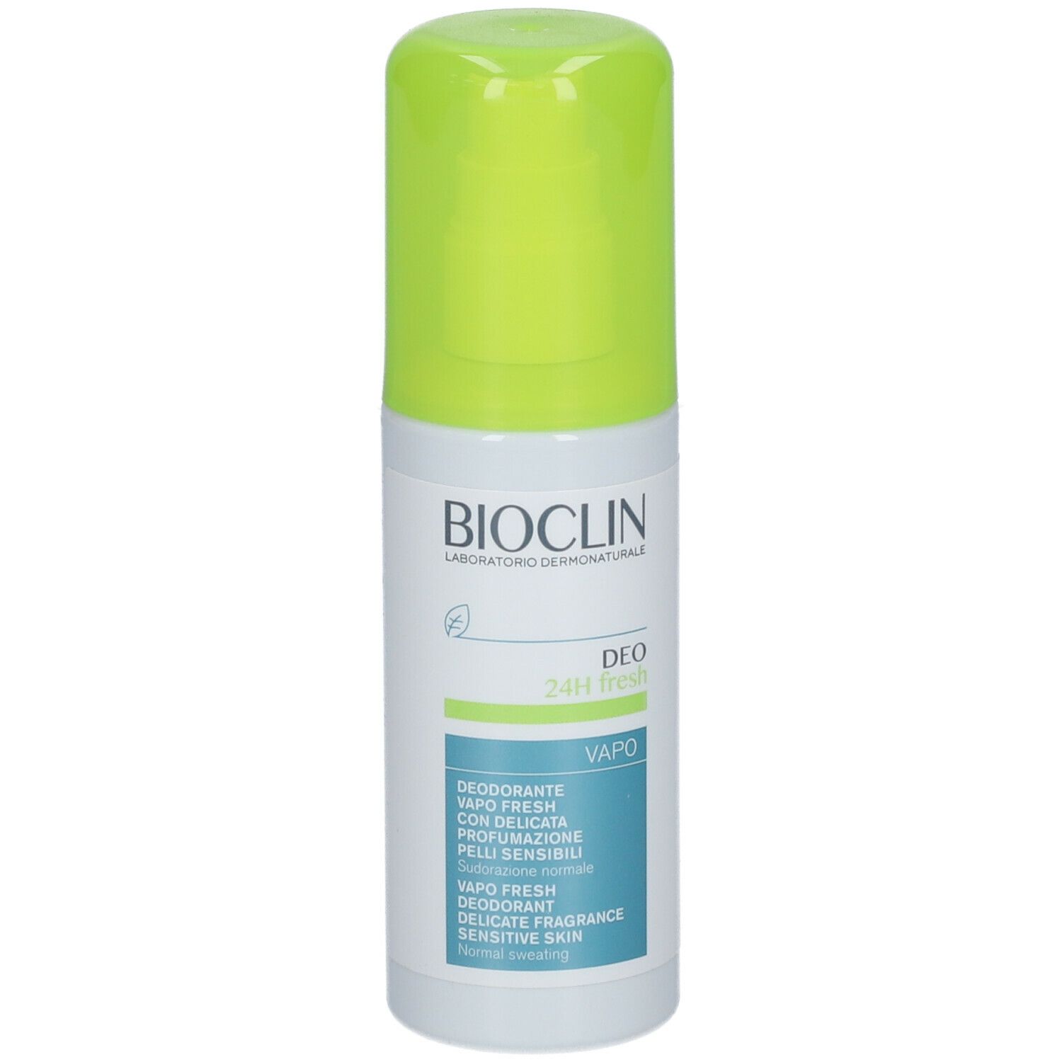 BIOCLIN Deo 24H Fresh Vapo. Flacone bianco con erogatore verde. Etichette blu e verdi con informazioni sul prodotto.