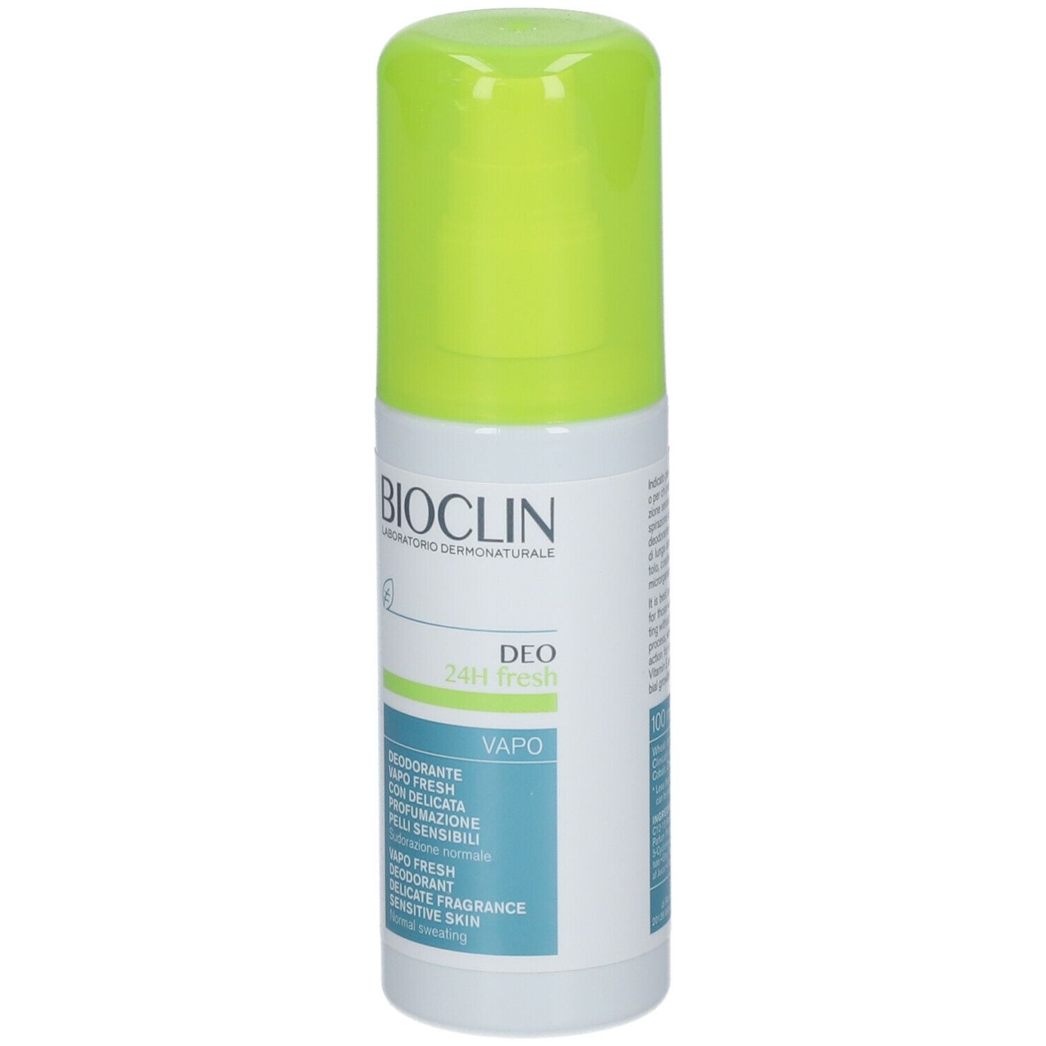 BIOCLIN Deo 24H Fresh Vapo. Flacone bianco con erogatore verde. Etichette blu e verdi con informazioni sul prodotto.
