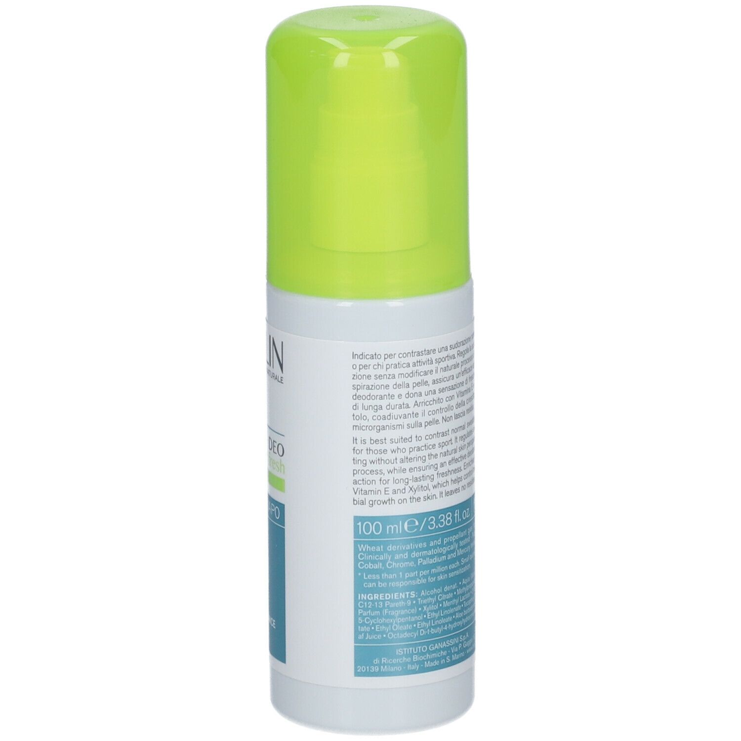 BIOCLIN Deo 24H Fresh Vapo. Flacone bianco con erogatore verde. Etichette blu e verdi con informazioni sul prodotto.