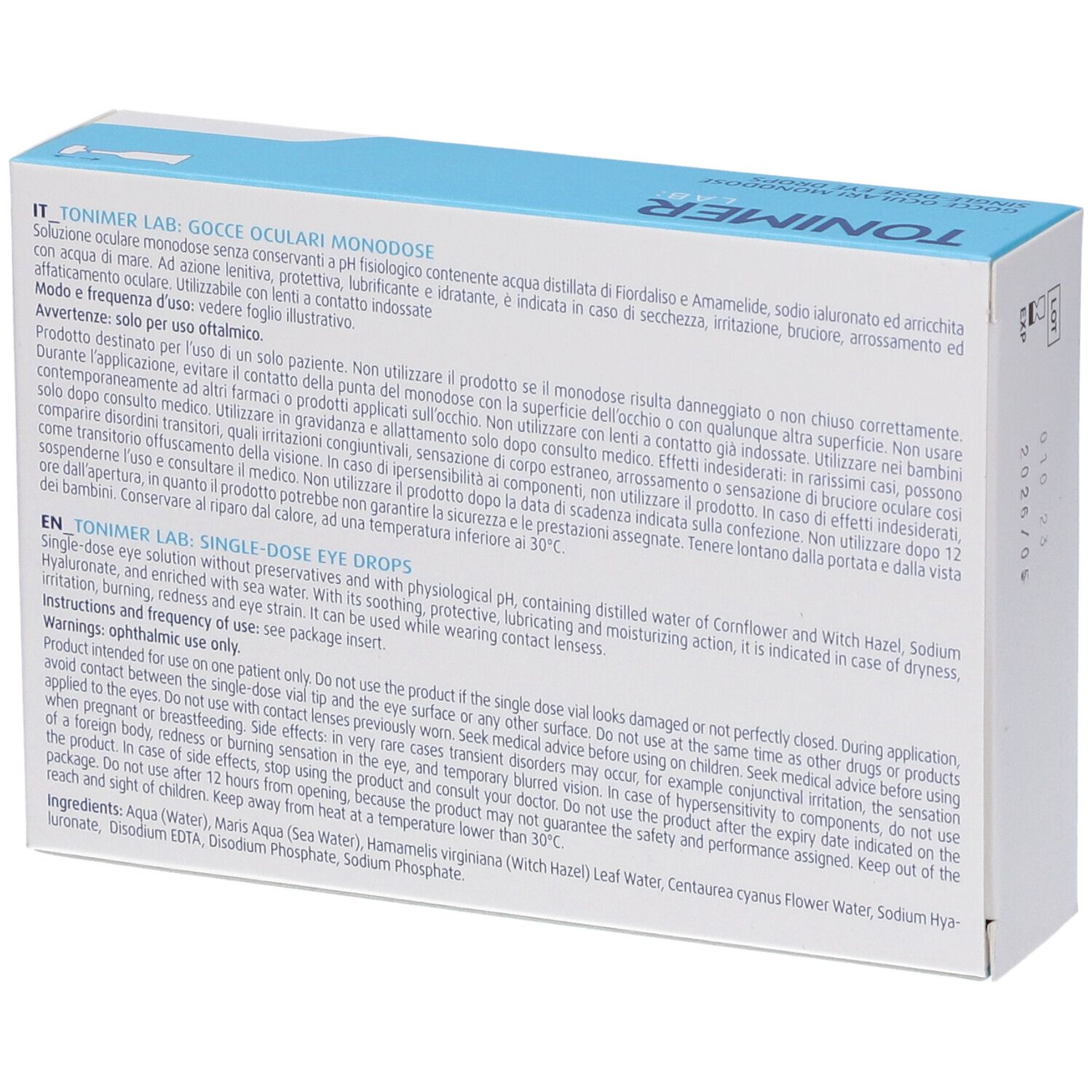 Rückseite der Verpackung von TONIMER LAB Gocce Oculari Monodose. Text in mehreren Sprachen.