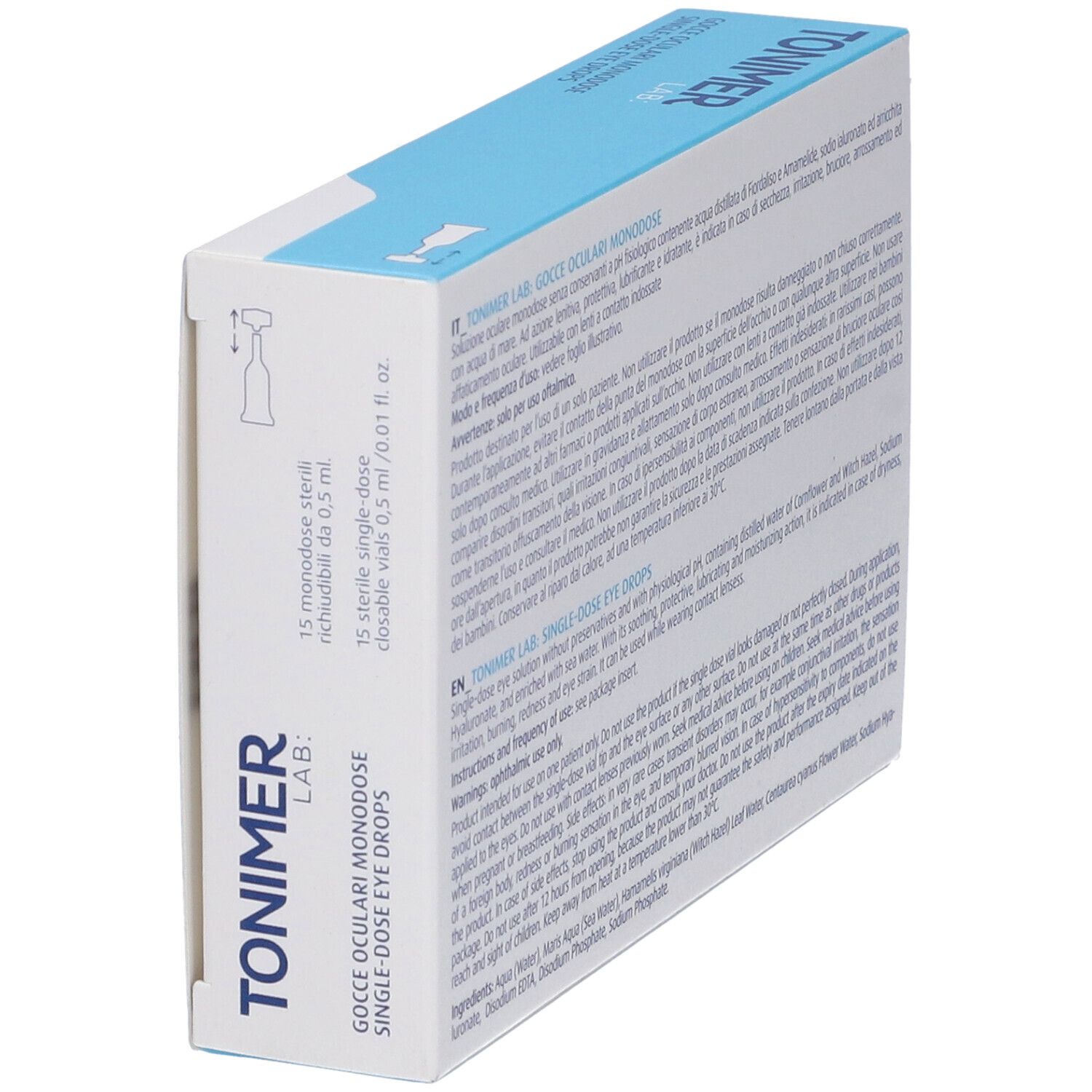 Rückseite der Verpackung von TONIMER LAB Gocce Oculari Monodose. Text in mehreren Sprachen.