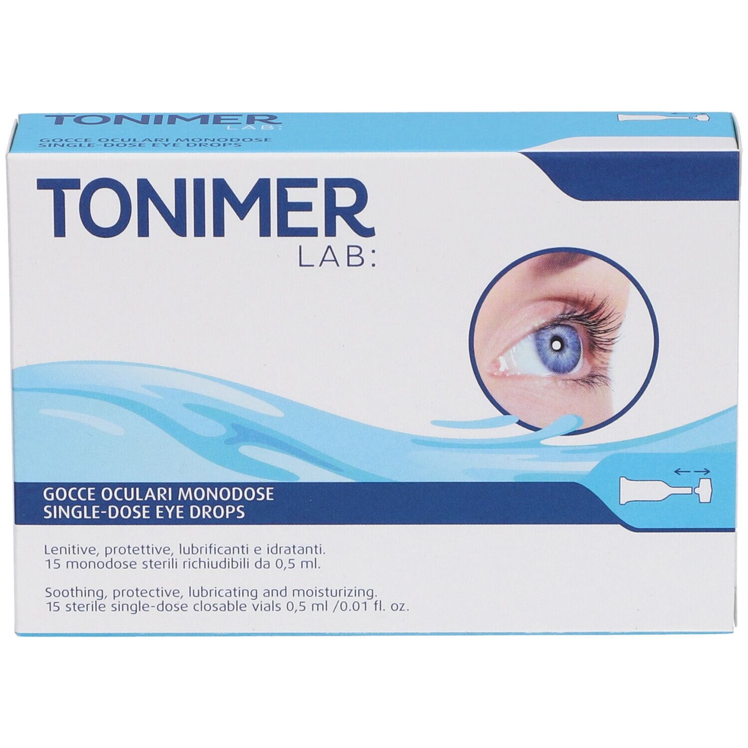 Karton mit TONIMER LAB Gocce Oculari Monodose. Aufdruck mit Produktname, Augendarstellung und Produktbeschreibung.