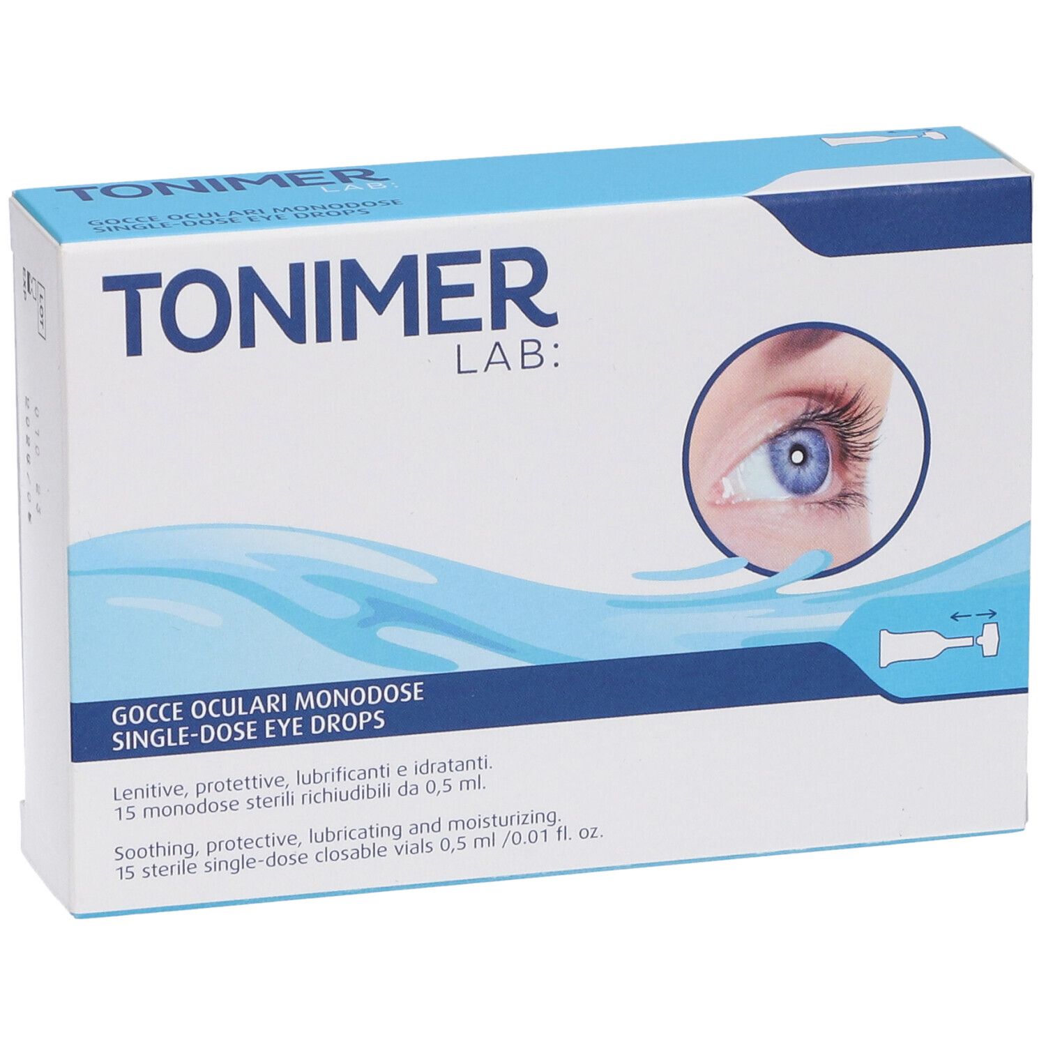 Karton mit TONIMER LAB Gocce Oculari Monodose. Aufdruck mit Produktname, Augendarstellung und Produktbeschreibung.