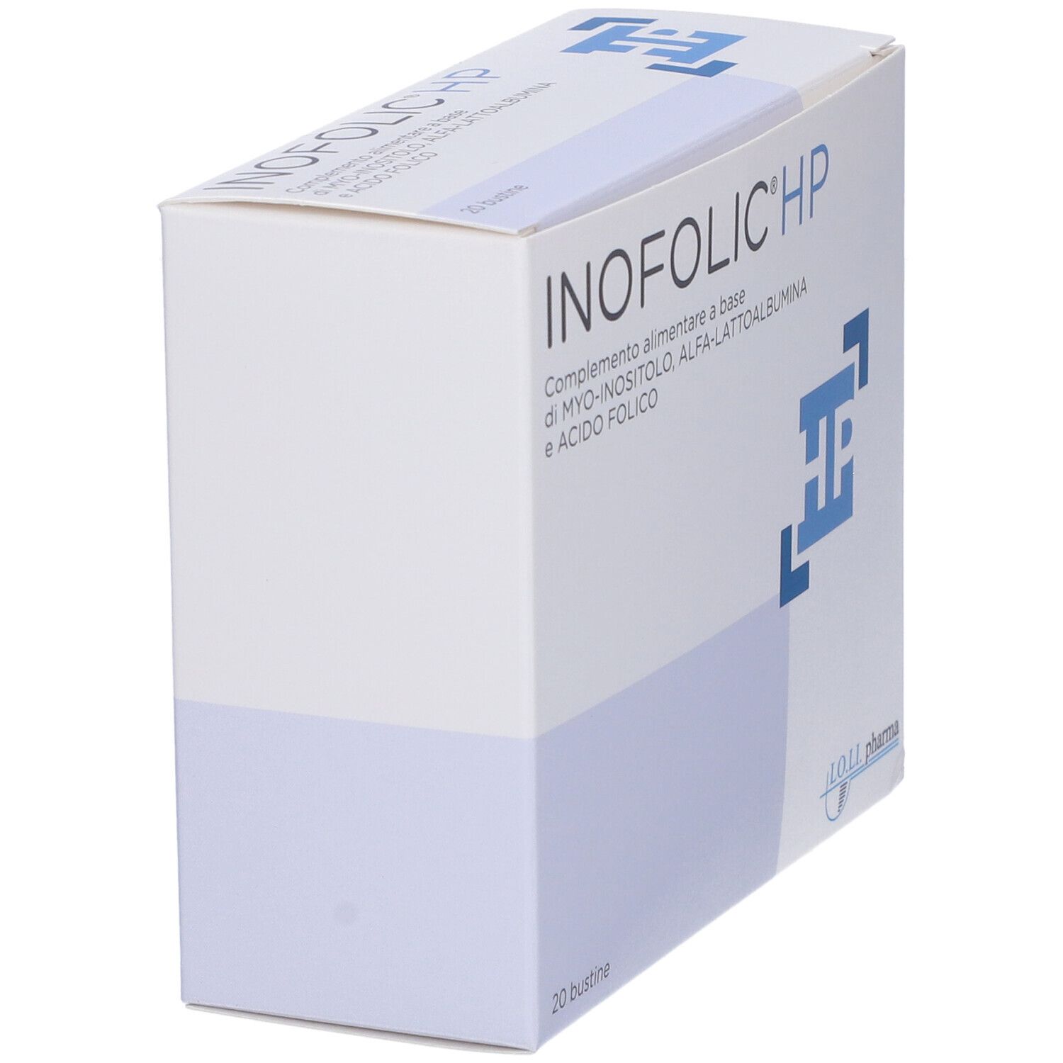Schachtel INOFOLIC® HP, weiß. Aufschrift: Ergänzungsmittel mit Myo-Inositol, Alpha-Lactalbumin und Folsäure. 20 Beutel.