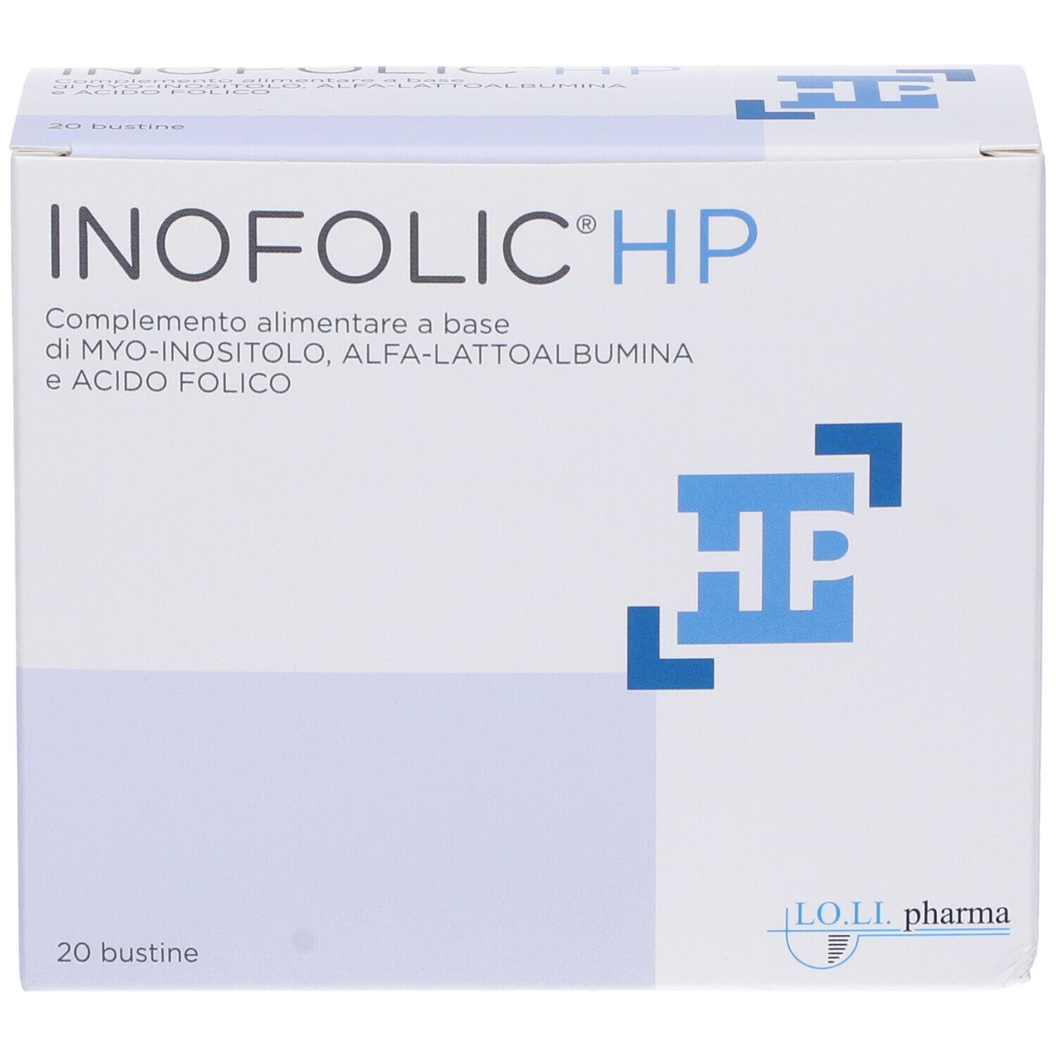Schachtel INOFOLIC® HP. Aufschrift: Ergänzungsmittel mit Myo-Inositol, Alpha-Lactalbumin und Folsäure. 20 Beutel. Marke L.O.LI. Pharma.