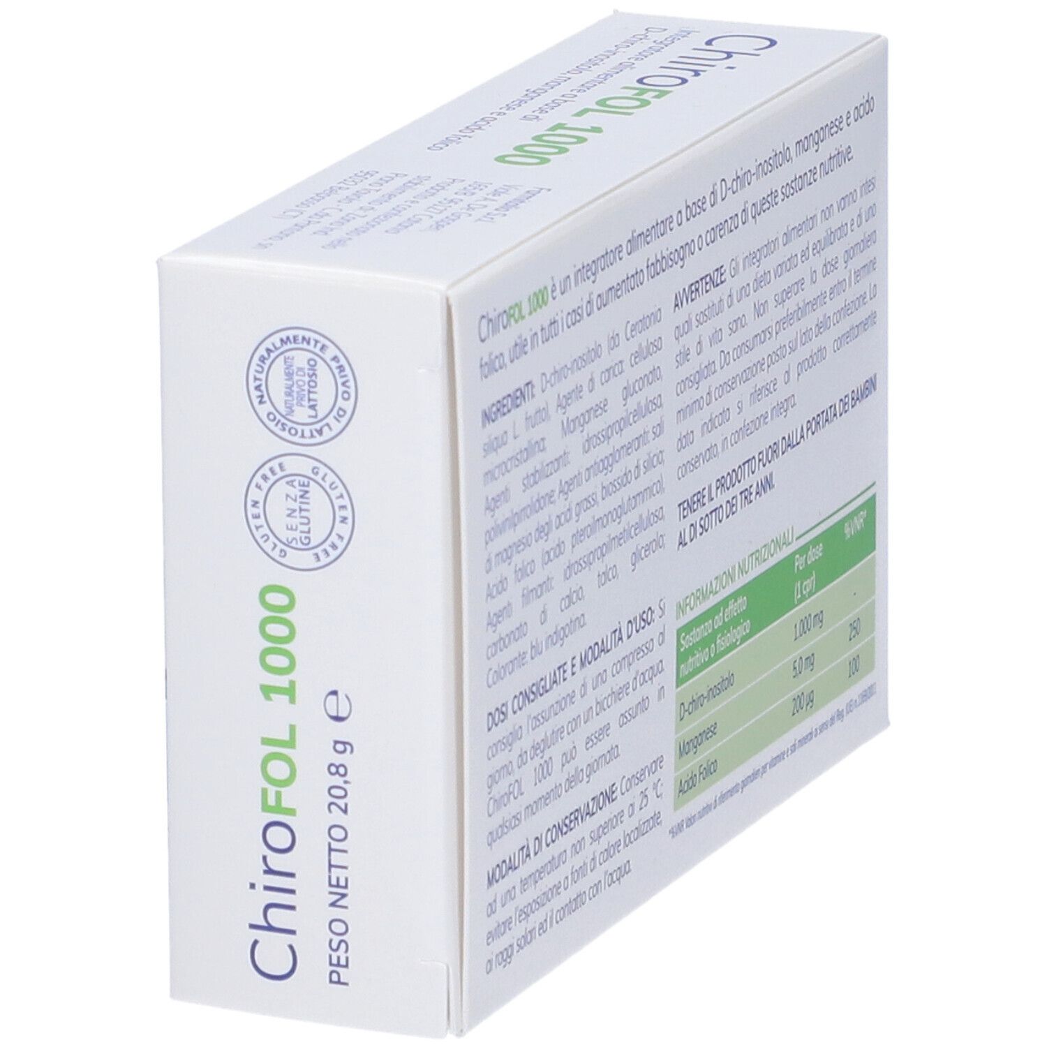 Scatola bianca con scritta ChiroFOL 1000. Contiene 16 compresse. Marchio Farmitalia. Scritta: Uso Orale.