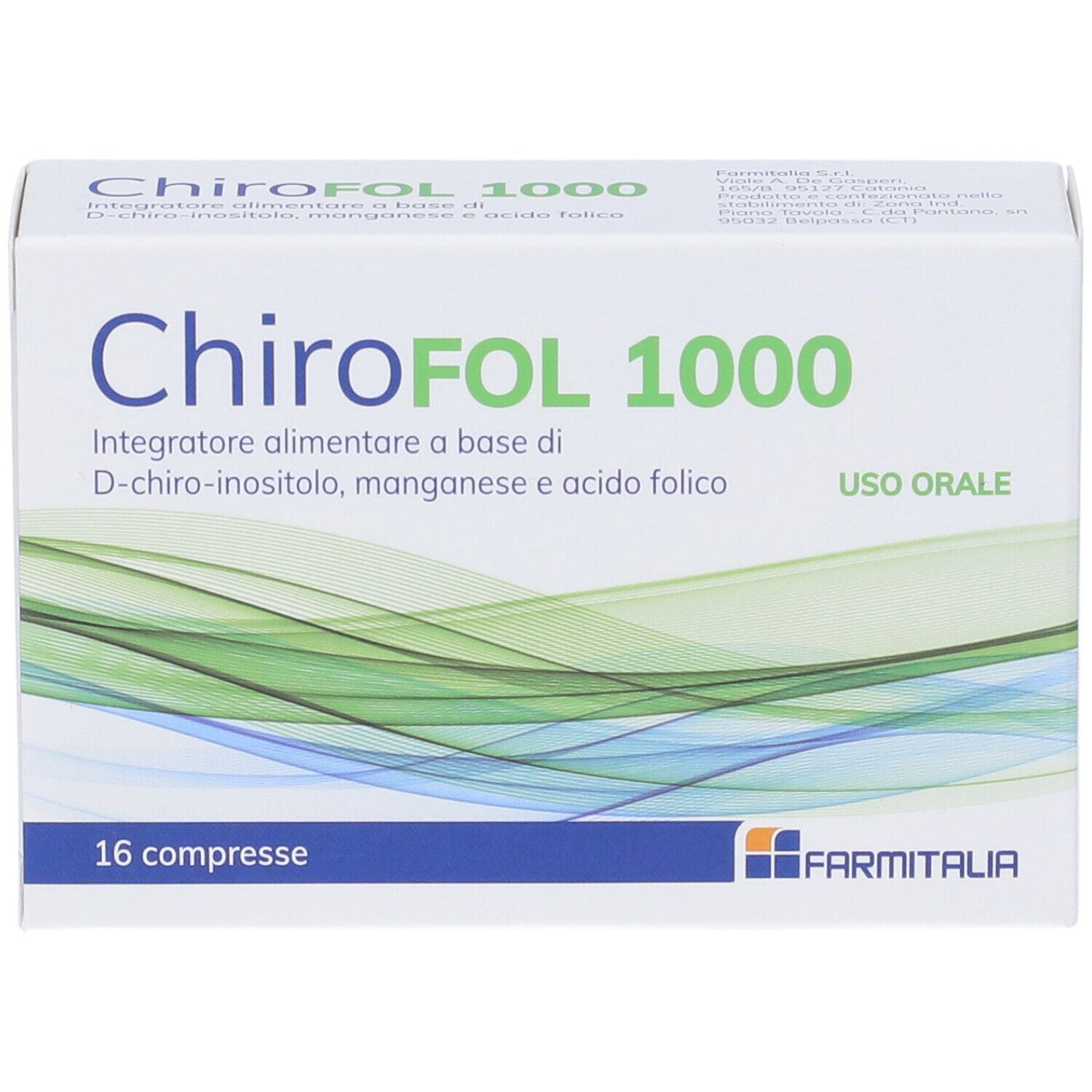 Scatola bianca con scritta ChiroFOL 1000. Contiene 16 compresse. Marchio Farmitalia. Scritta: Uso Orale.