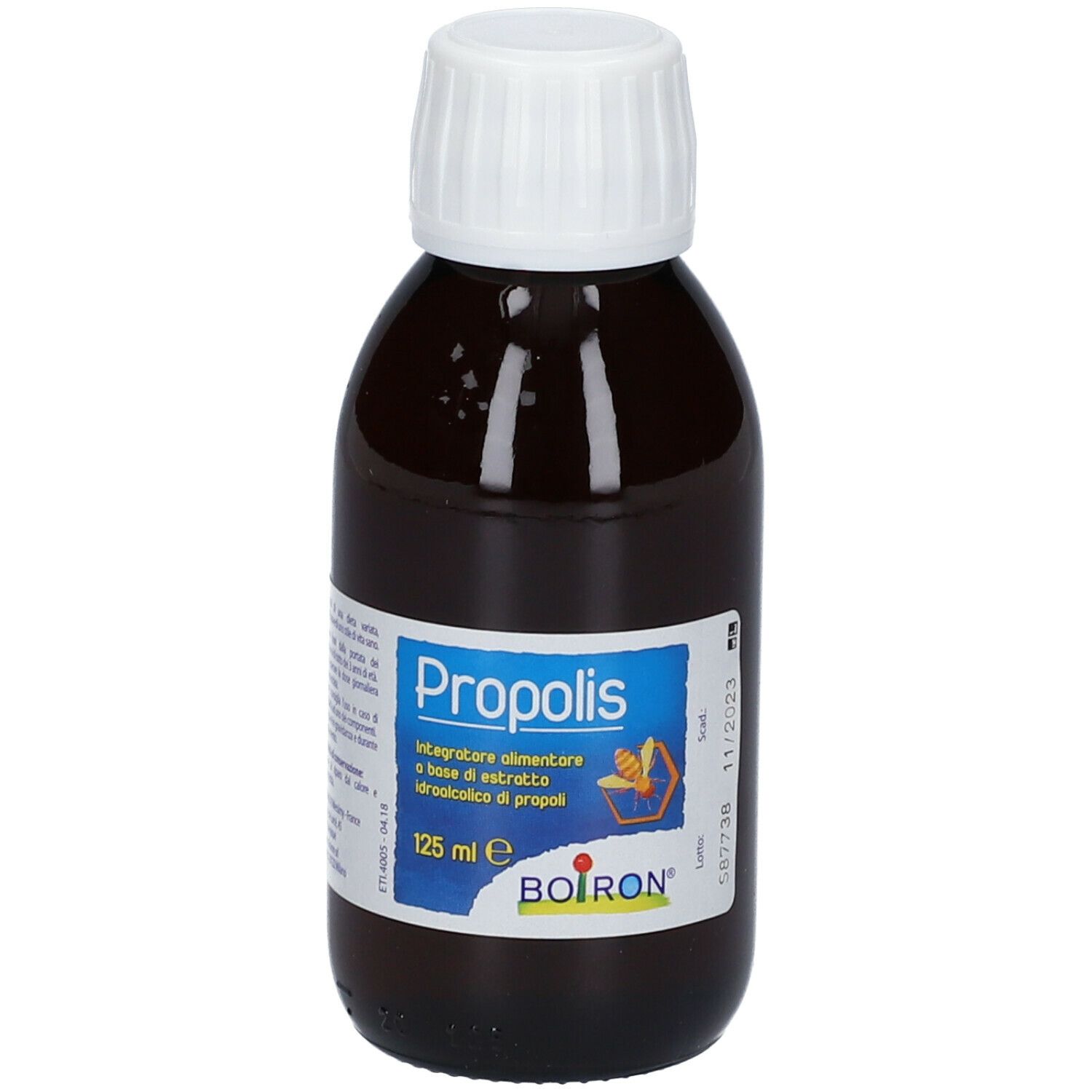 Flacone di vetro marrone con tappo bianco ed etichetta. L'etichetta riporta "Propolis" e "BOIRON".