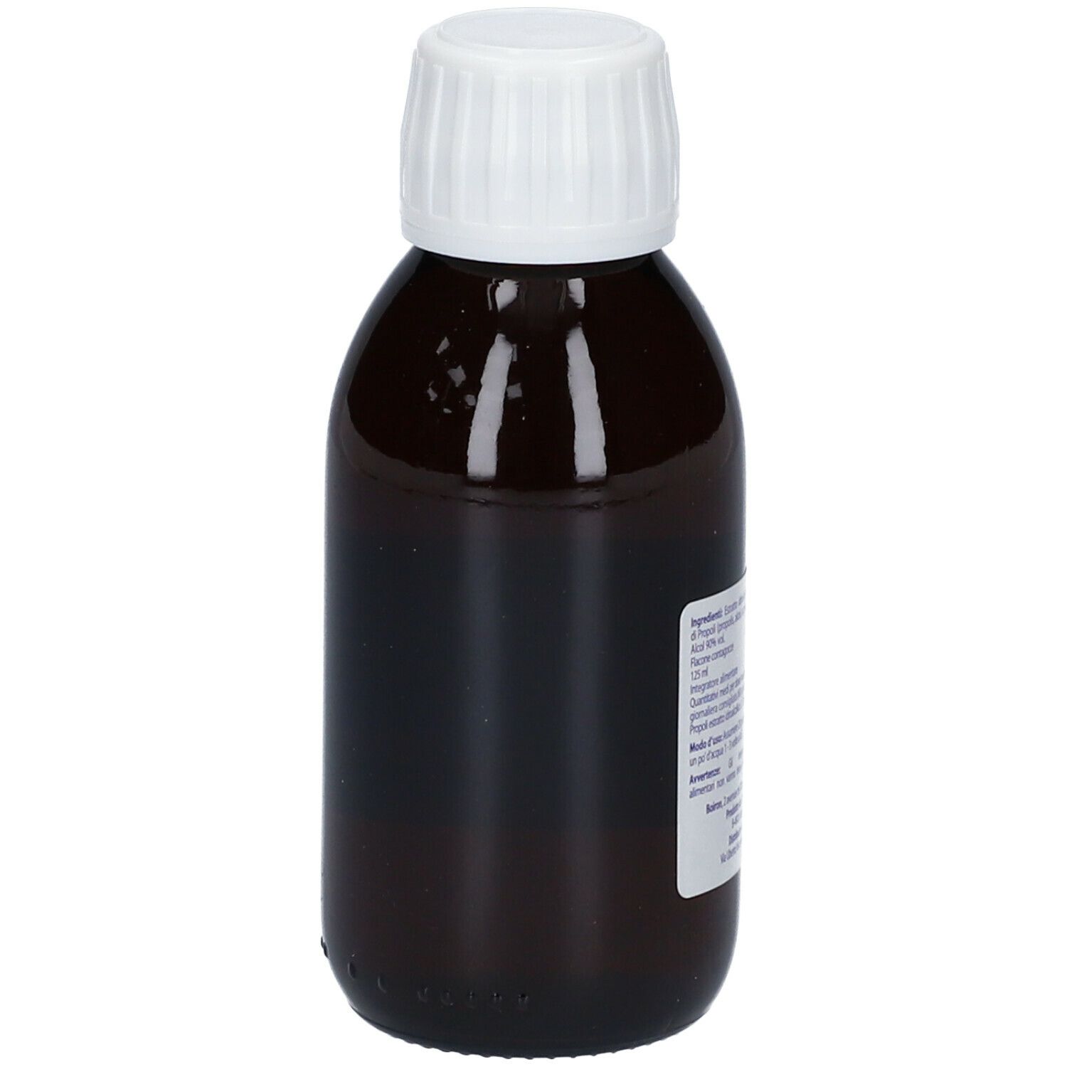 Flacone di vetro marrone con tappo bianco. L'etichetta riporta "Propolis" e "BOIRON".