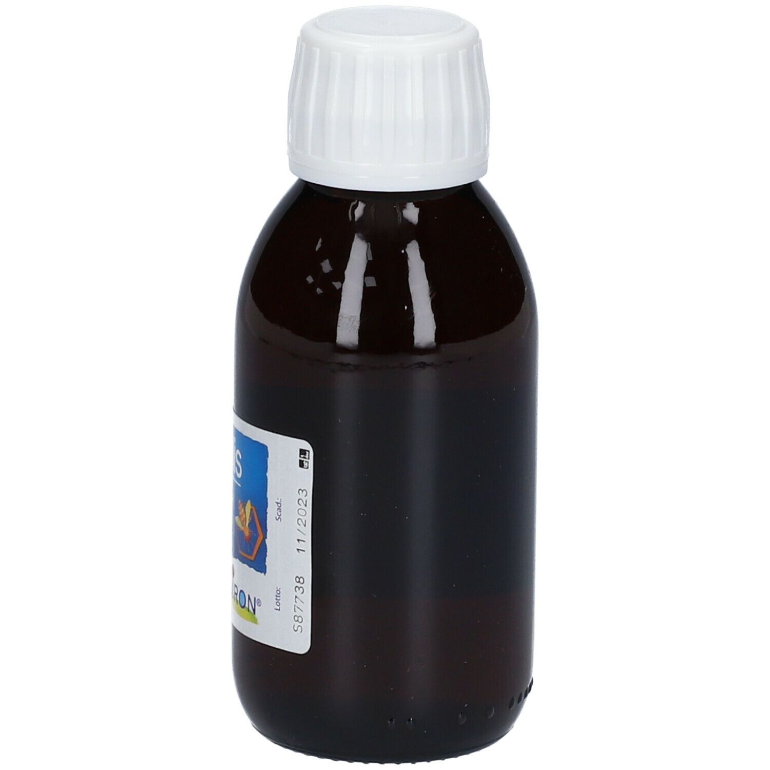 Flacone di vetro marrone con tappo bianco. L'etichetta riporta "Propolis" e "BOIRON".