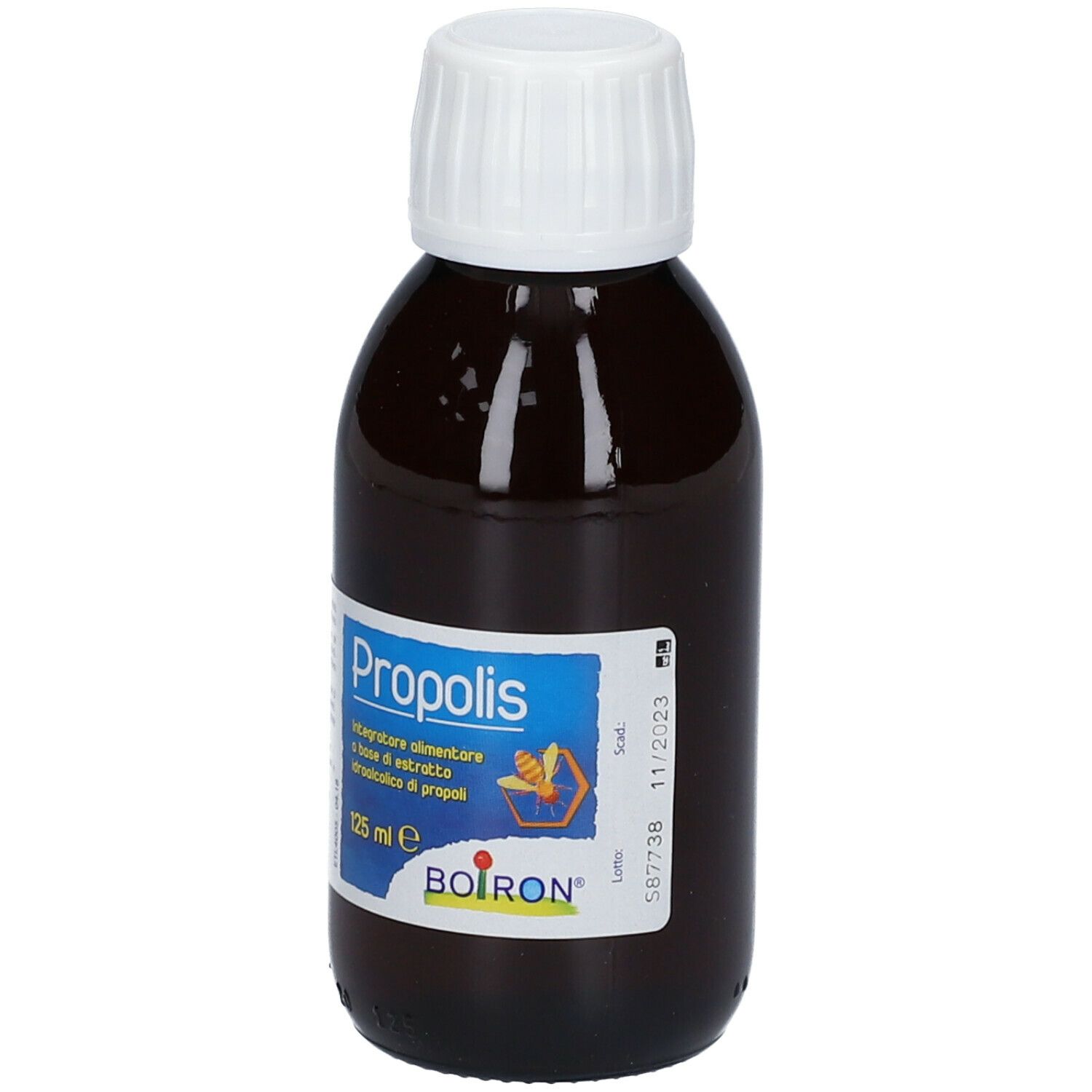 Flacone di vetro marrone con tappo bianco. L'etichetta riporta "Propolis" e "BOIRON".