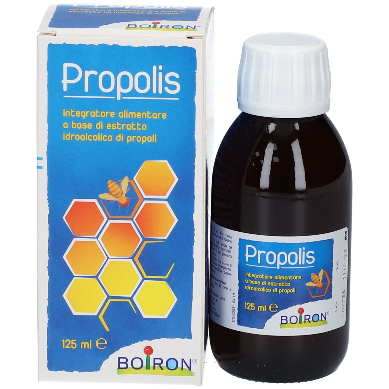 Flacone di vetro marrone con tappo bianco. L'etichetta riporta "Propolis" e "BOIRON".