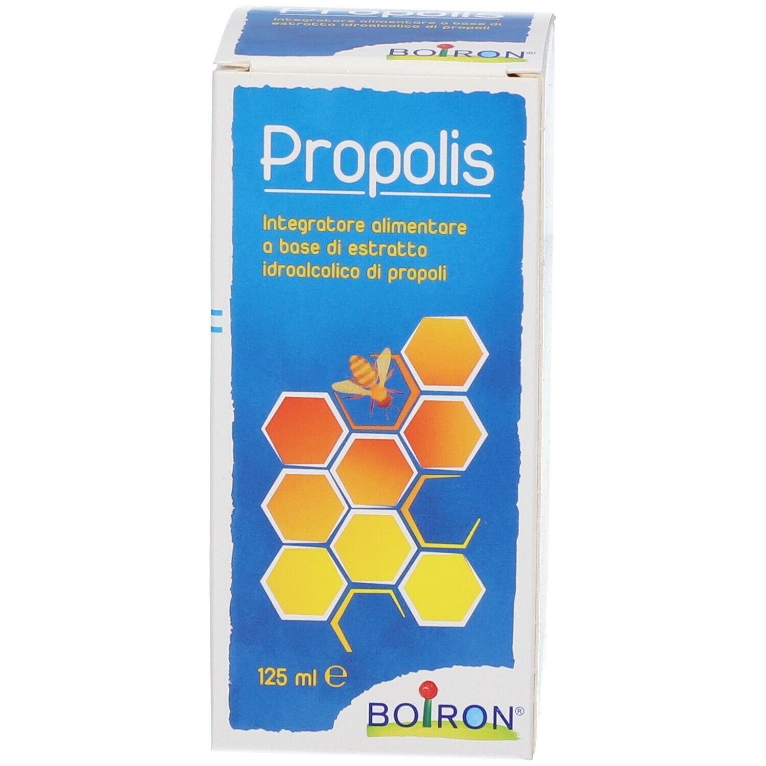 Confezione con flacone di vetro marrone e tappo bianco. L'etichetta riporta "Propolis" e "BOIRON".