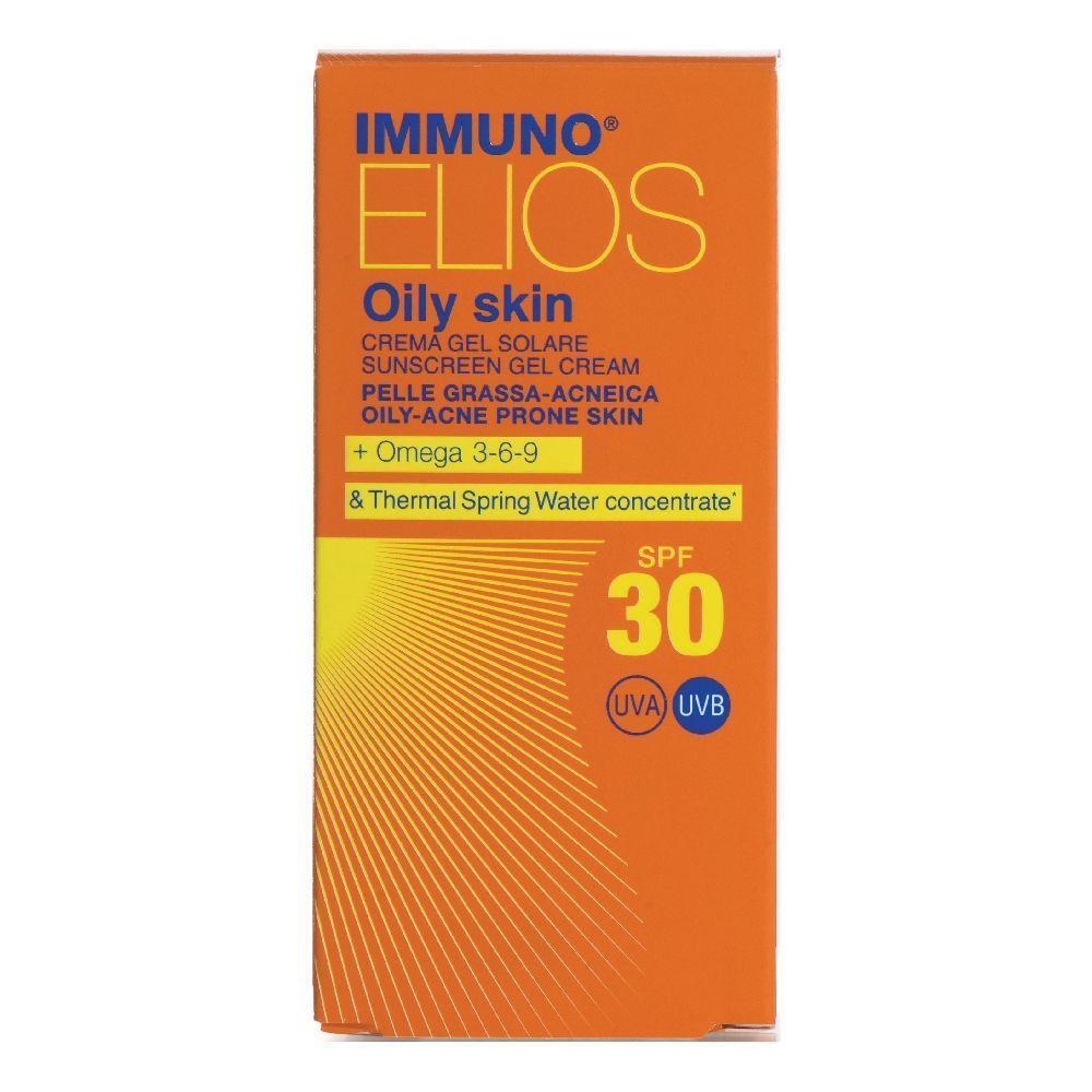 Confezione arancione con IMMUNO ELIOS. Testo: Oily skin, SPF 30, UVA UVB. Contiene Omega 3-6-9 e concentrato di acqua termale.