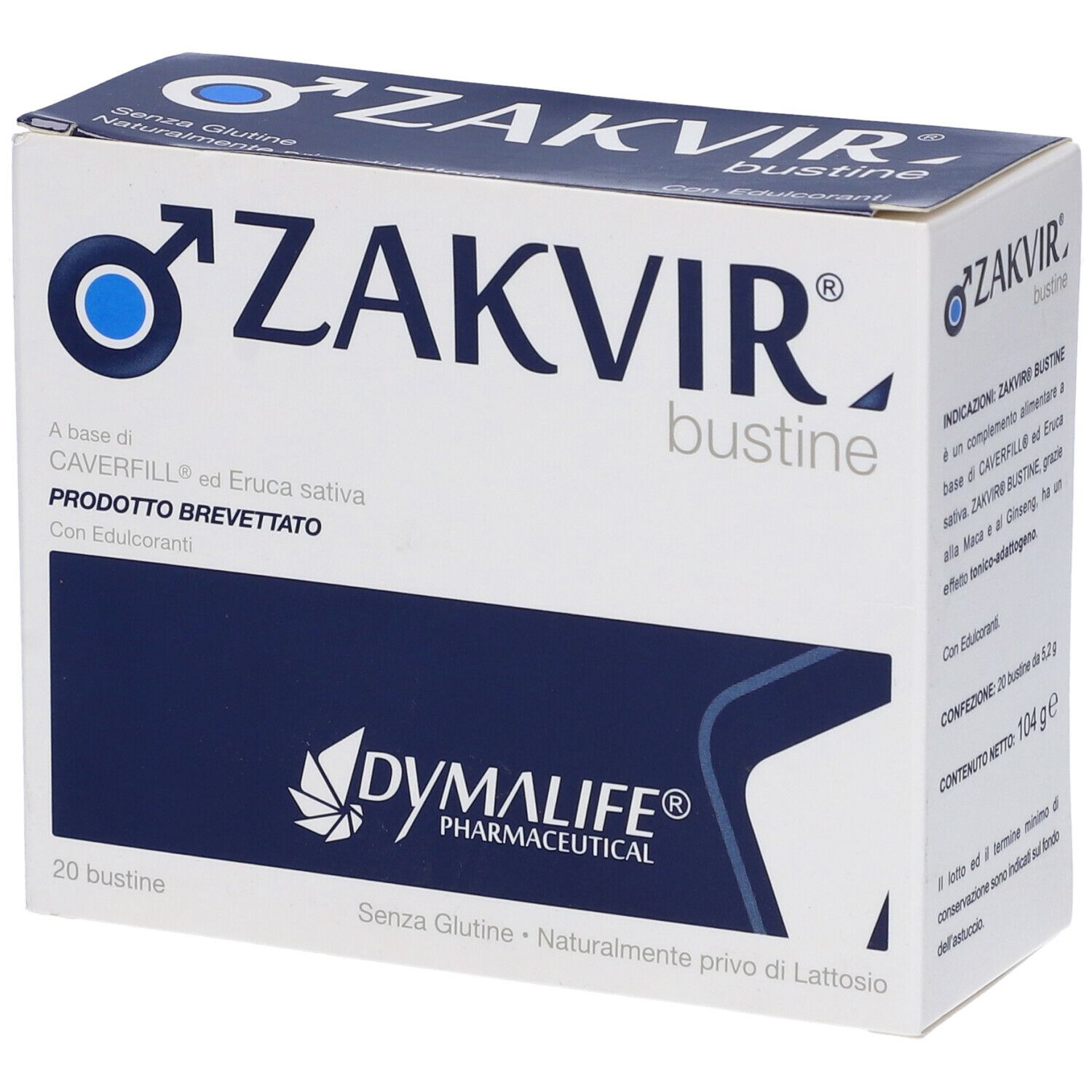 Scatola di Zakvir Bustine. Confezione blu e bianca con nome e logo del prodotto. Contiene 20 bustine.