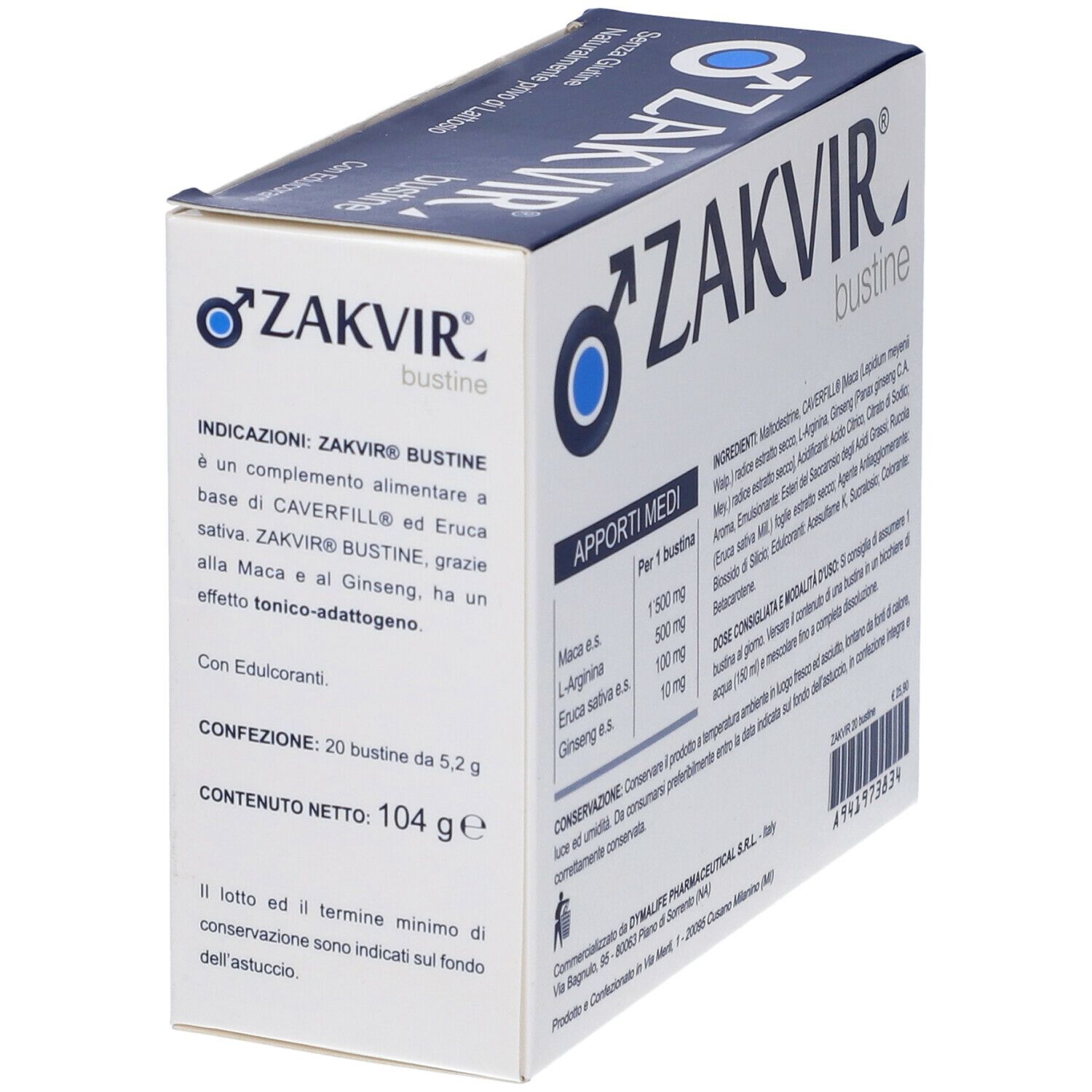 Scatola Zakvir Bustine, angolata. Contiene informazioni sugli ingredienti e il dosaggio. 20 bustine.