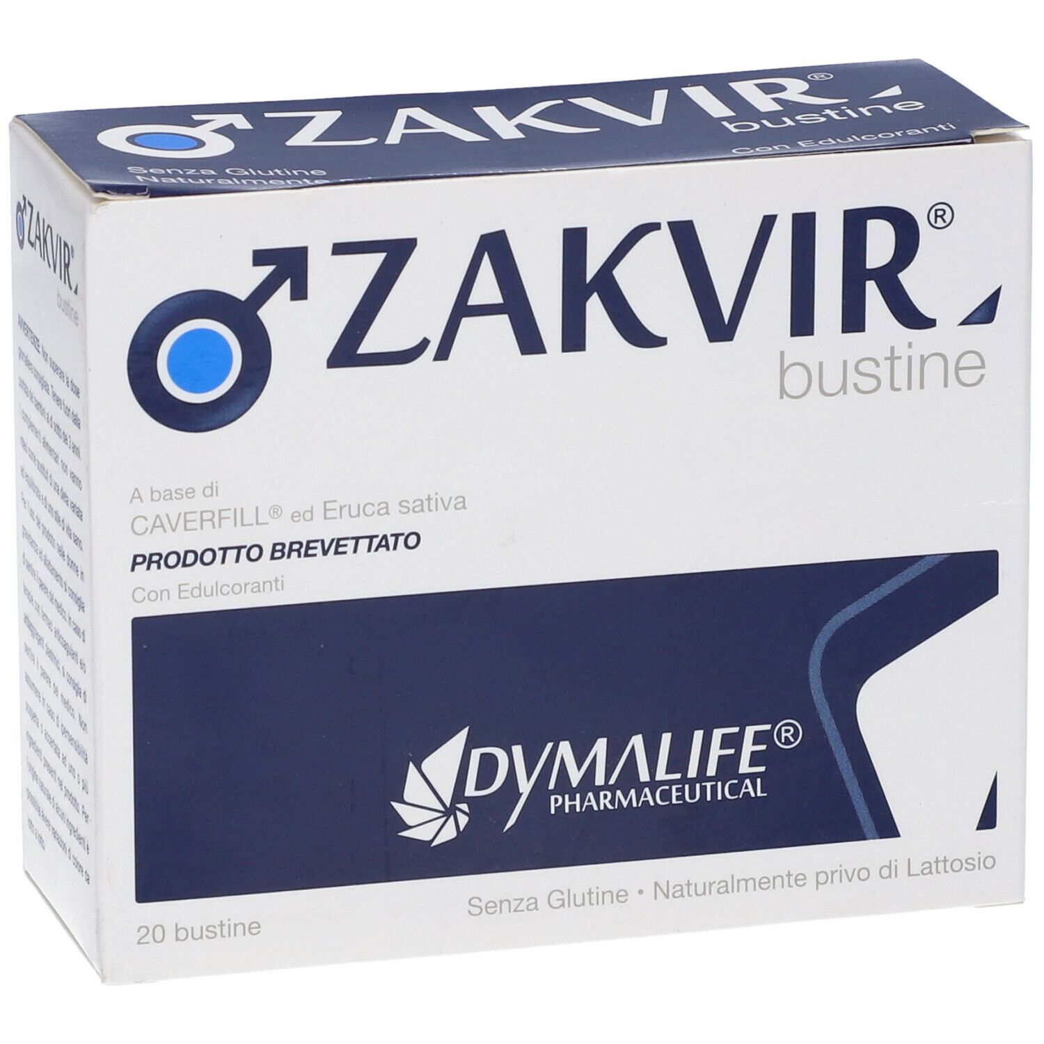 Scatola di Zakvir Bustine. Confezione blu e bianca con nome e logo del prodotto. Contiene 20 bustine.