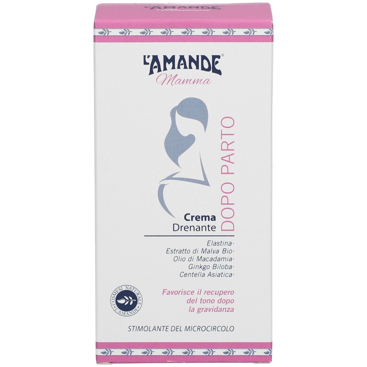 Confezione con logo e nome del prodotto. Contiene informazioni su ingredienti e utilizzo. Combinazione di colori rosa e bianco.
