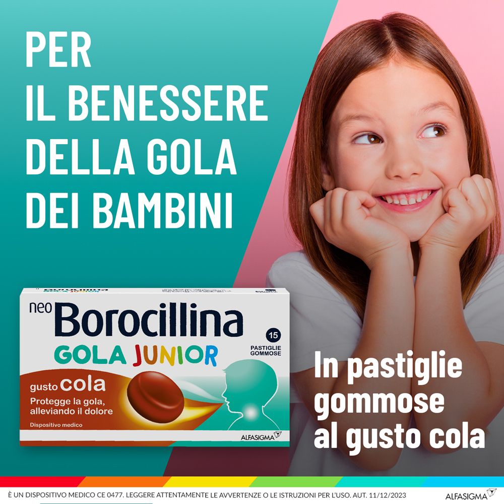 Werbung für NeoBorocillina Gola Junior Pastiglie Gommose. Mädchen lächelt. In Pastillen mit Cola-Geschmack.