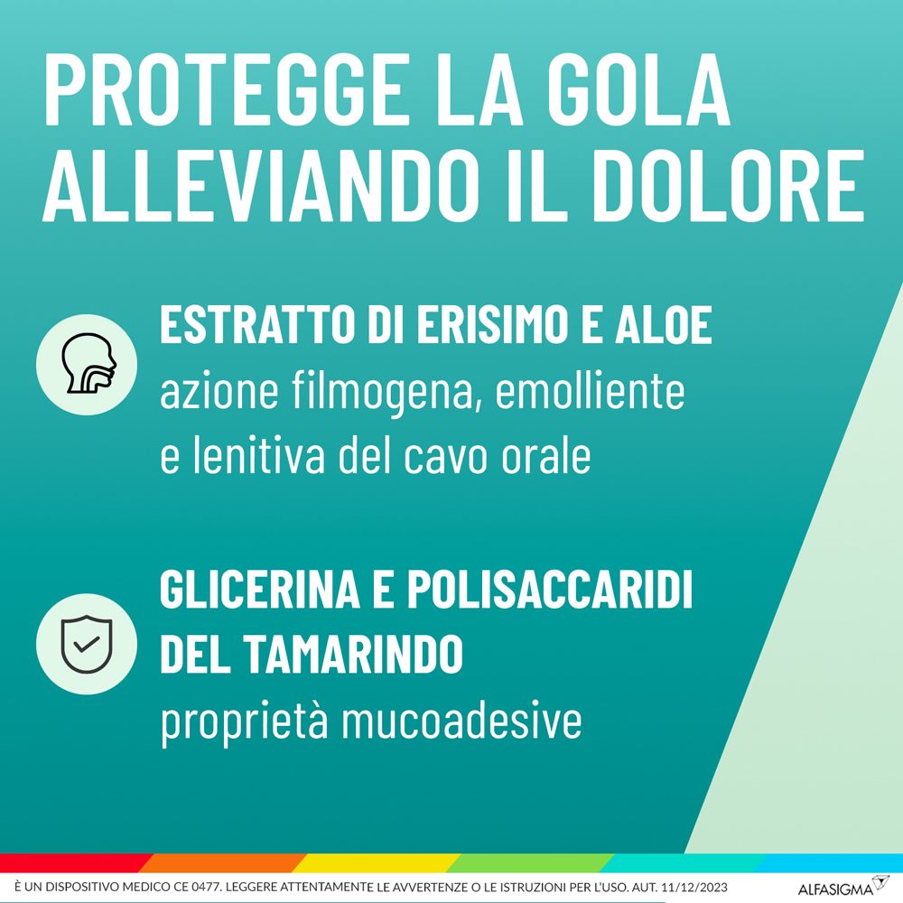 Informationen über NeoBorocillina Gola Junior. Inhaltsstoffe: Erisimo, Aloe, Glycerin, Tamarinde. Medizinprodukt.