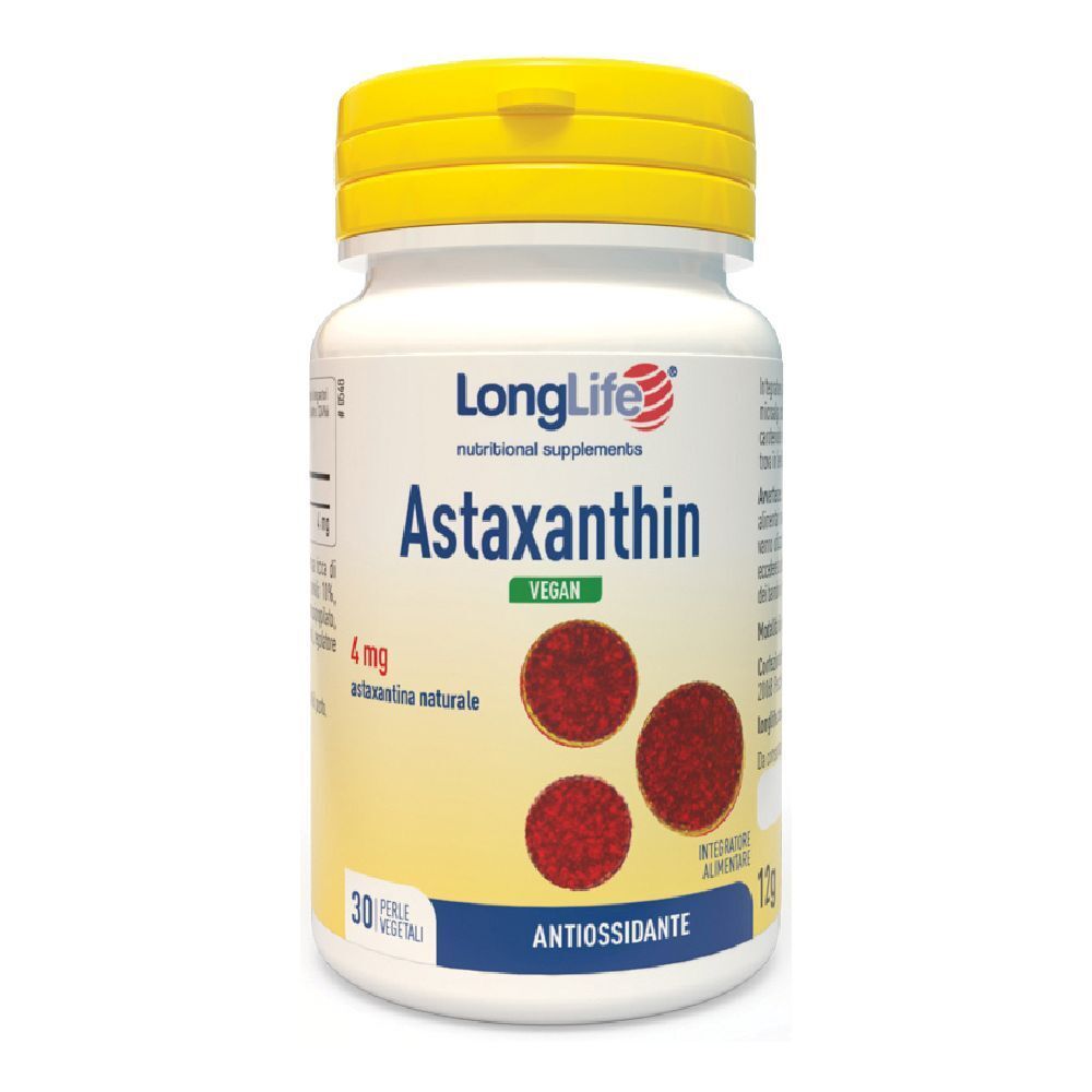 Flacone di LongLife Astaxantina Vegan 4mg. Contiene 30 capsule. Scritta: Antiossidante.