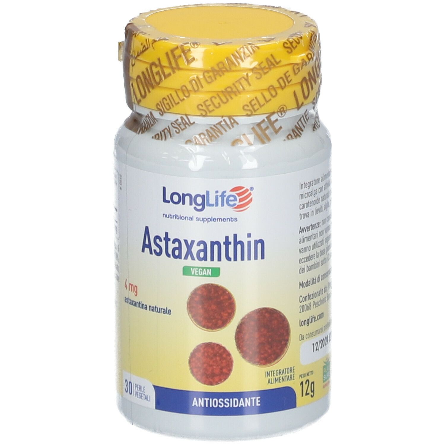 Flacone LongLife Astaxantina Vegan 4mg con sigillo di sicurezza. 30 capsule. Scritta: Antiossidante.