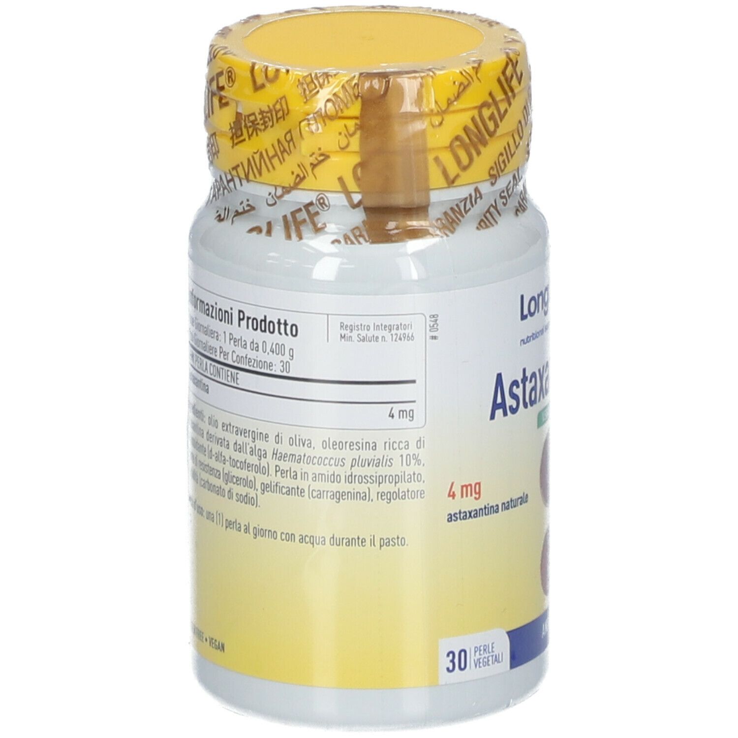 Retro del flacone LongLife Astaxantina Vegan 4mg. Contiene informazioni sul prodotto e ingredienti.
