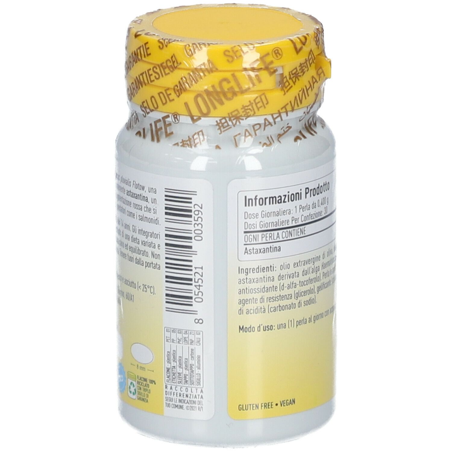 Retro del flacone LongLife Astaxantina Vegan 4mg. Contiene informazioni sul prodotto e ingredienti.