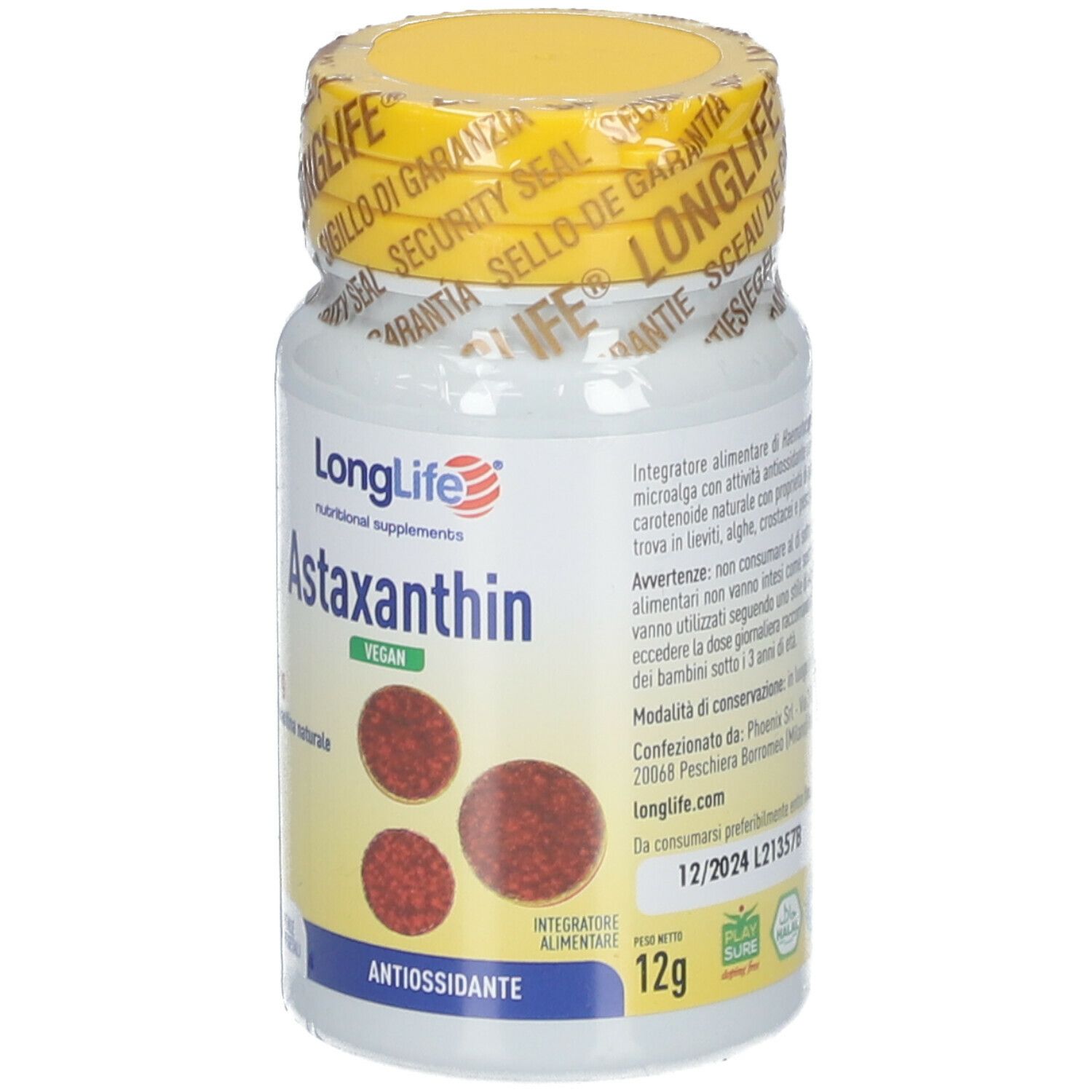Flacone LongLife Astaxantina Vegan 4mg con sigillo di sicurezza. 30 capsule. Scritta: Antiossidante.