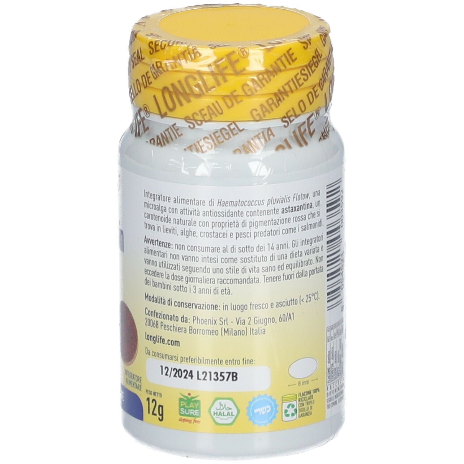 Retro del flacone LongLife Astaxantina Vegan 4mg. Contiene informazioni sul prodotto e ingredienti.