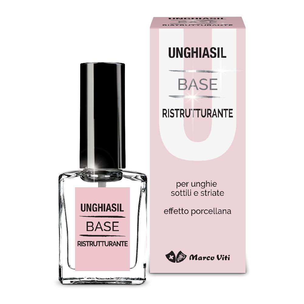 Flacone e confezione. Unghiasil Base Ristrutturante. Etichetta rosa. Tappo nero. Liquido trasparente. Logo Marco Viti.
