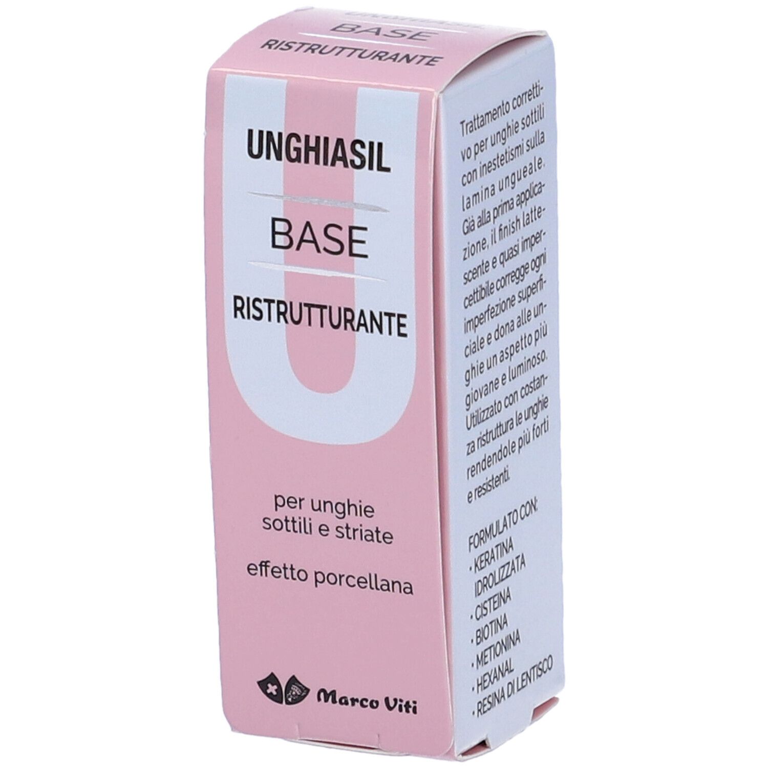 Confezione rosa. Unghiasil Base Ristrutturante. Testo. Per unghie sottili e striate. Logo Marco Viti. Ingredienti e testo.
