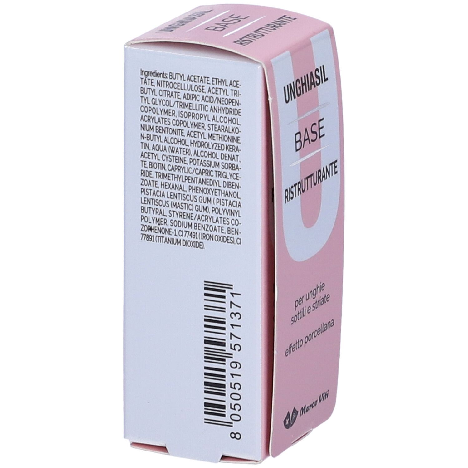 Confezione rosa. Unghiasil Base Ristrutturante. Ingredienti. Codice a barre. Testo. Logo Marco Viti. Retro della confezione.
