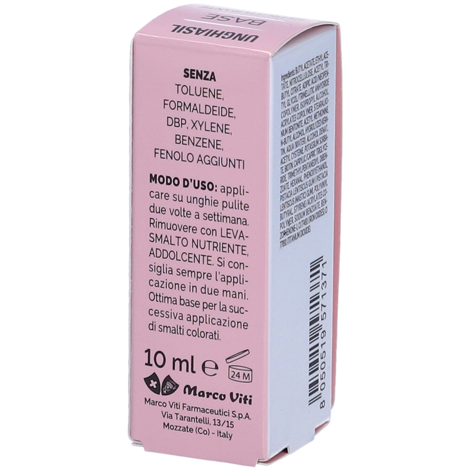 Confezione rosa. Unghiasil Base Ristrutturante. Testo. Senza ingredienti. Istruzioni per l'uso. 10 ml. Logo Marco Viti.