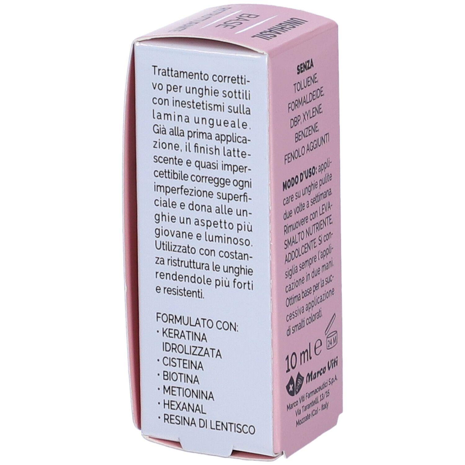 Confezione rosa. Unghiasil Base Ristrutturante. Testo. Istruzioni per l'uso. 10 ml. Logo Marco Viti. Vista dettagliata.