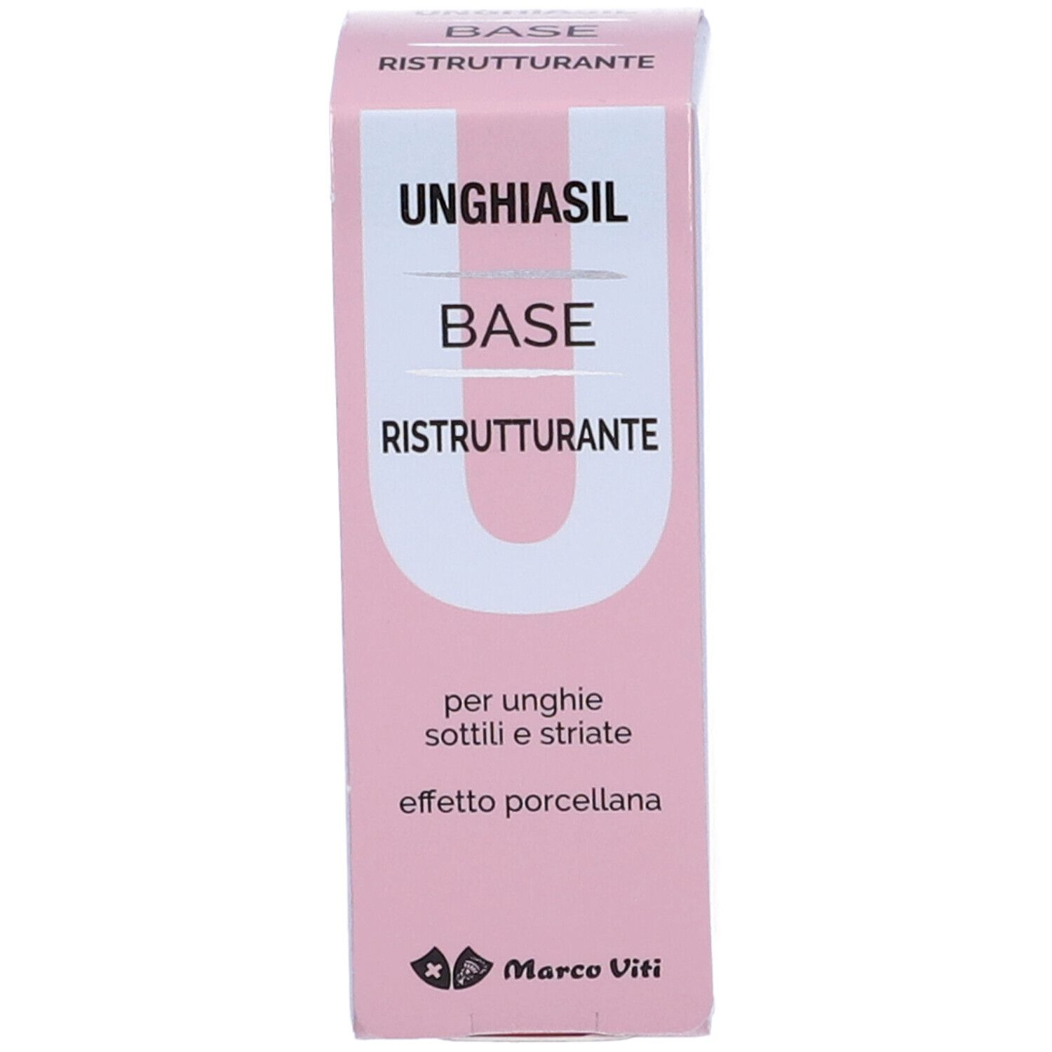 Confezione rosa. Unghiasil Base Ristrutturante. Testo. Per unghie sottili e striate. Logo Marco Viti. Vista frontale.
