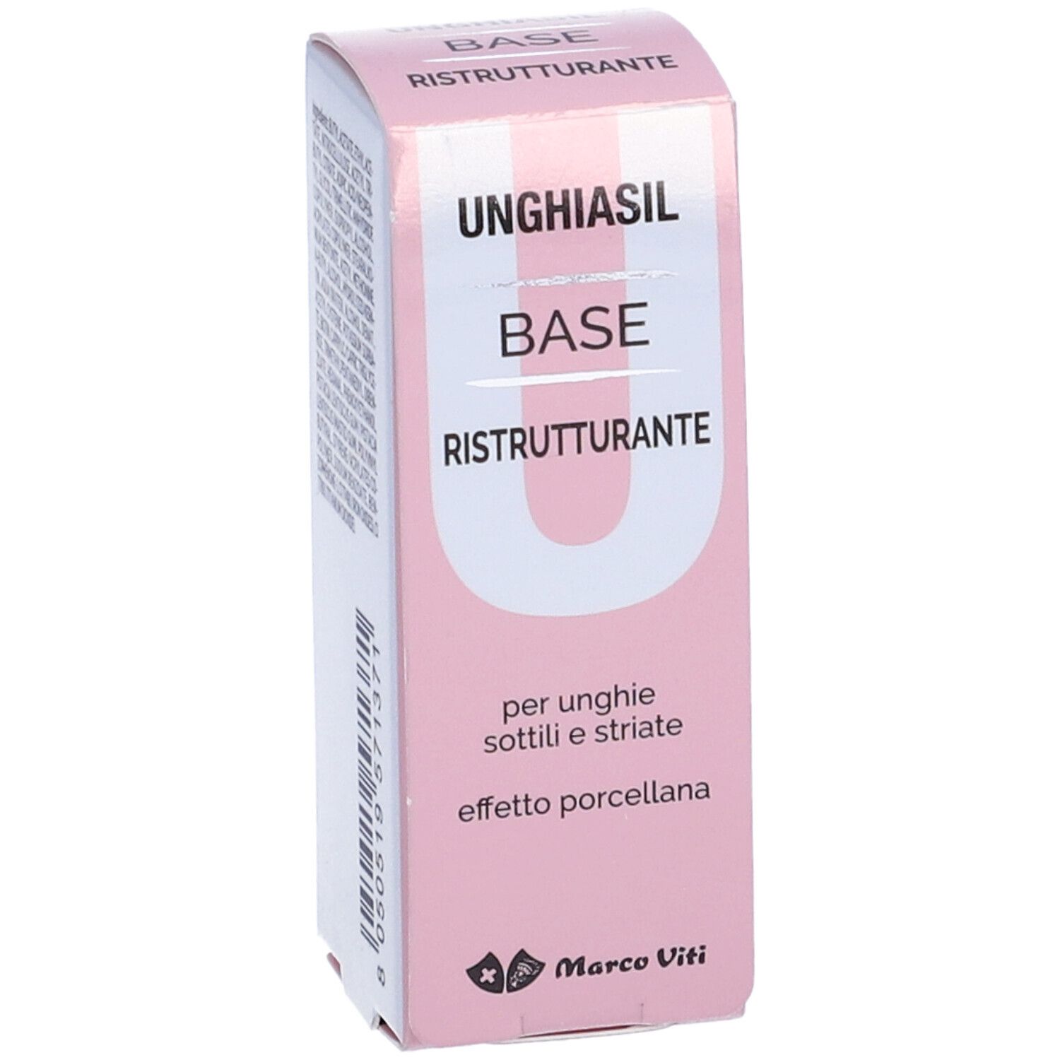 Confezione rosa. Unghiasil Base Ristrutturante. Testo. Per unghie sottili e striate. Logo Marco Viti. Vista laterale.