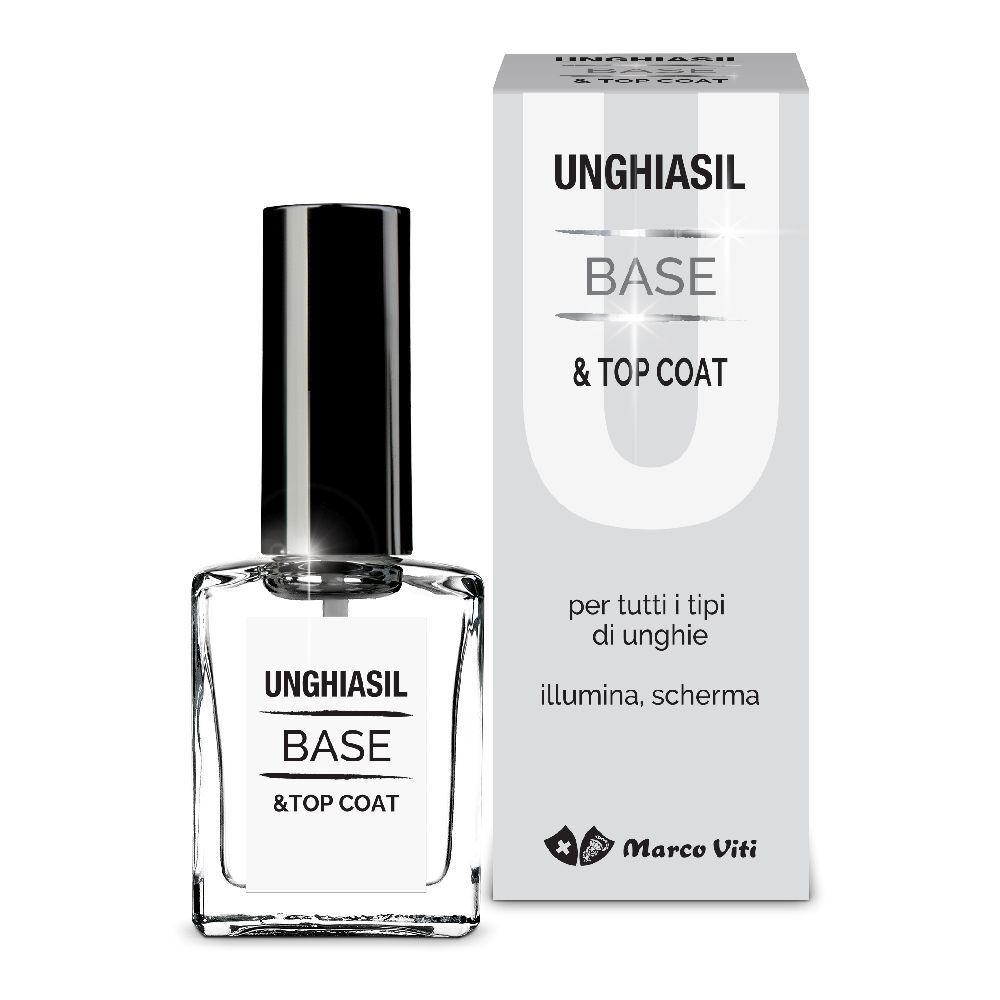 Unghiasil Base & Top Coat. Liquido trasparente in flacone quadrato di vetro con tappo nero. Con confezione.