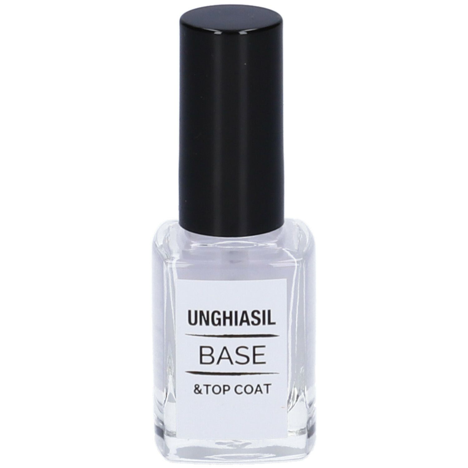 Unghiasil Base & Top Coat. Liquido trasparente in flacone quadrato di vetro con tappo nero.