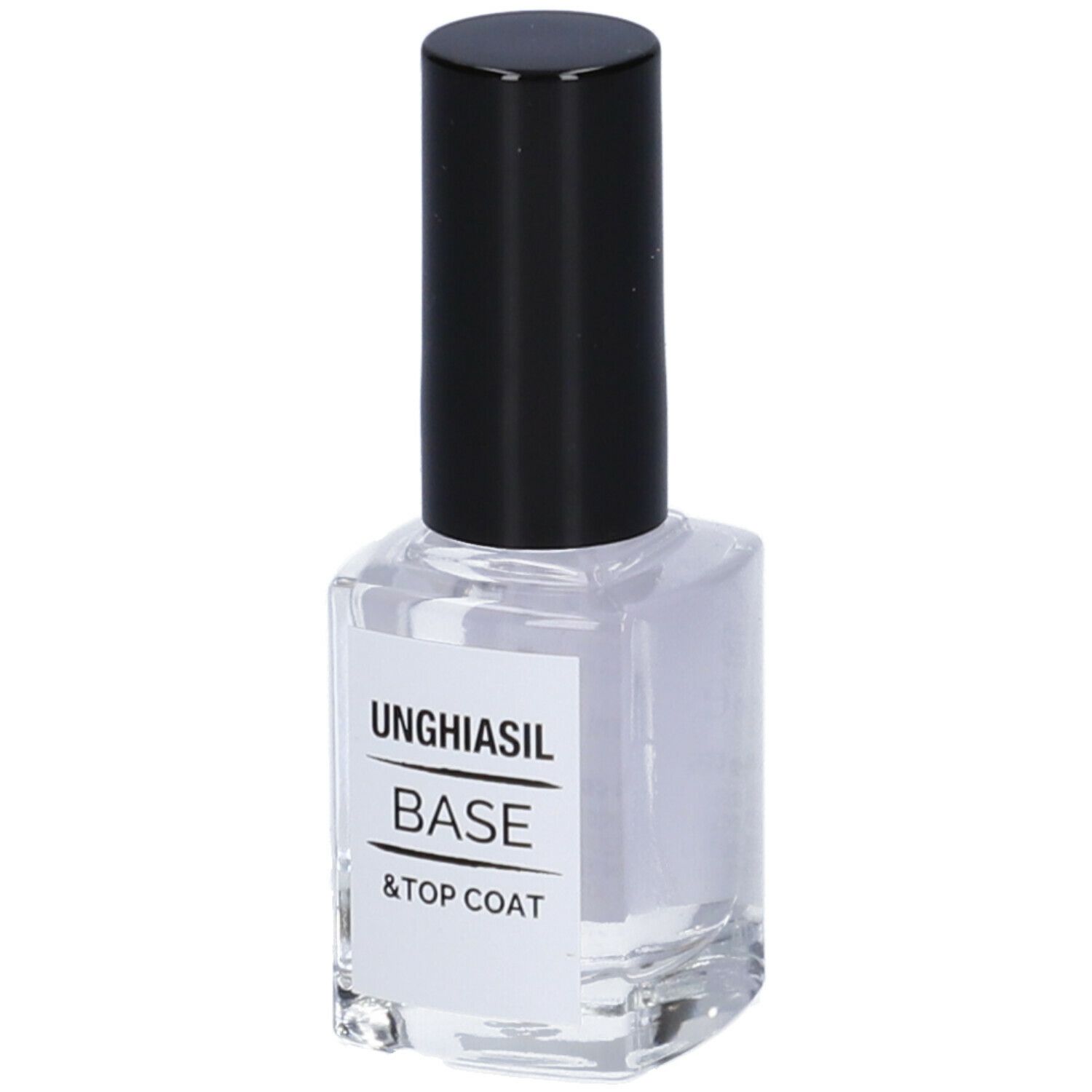 Unghiasil Base & Top Coat. Liquido trasparente in flacone quadrato di vetro con tappo nero.