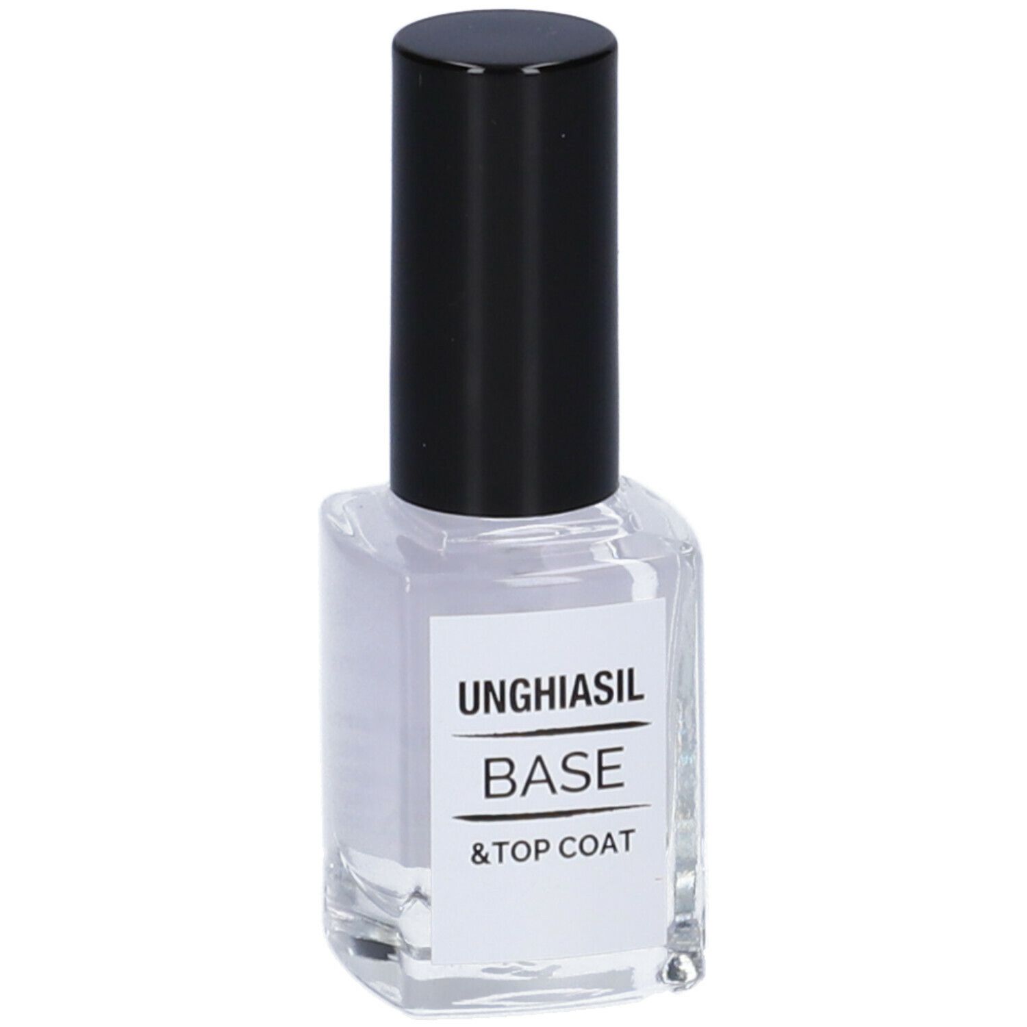 Unghiasil Base & Top Coat. Liquido trasparente in flacone quadrato di vetro con tappo nero.