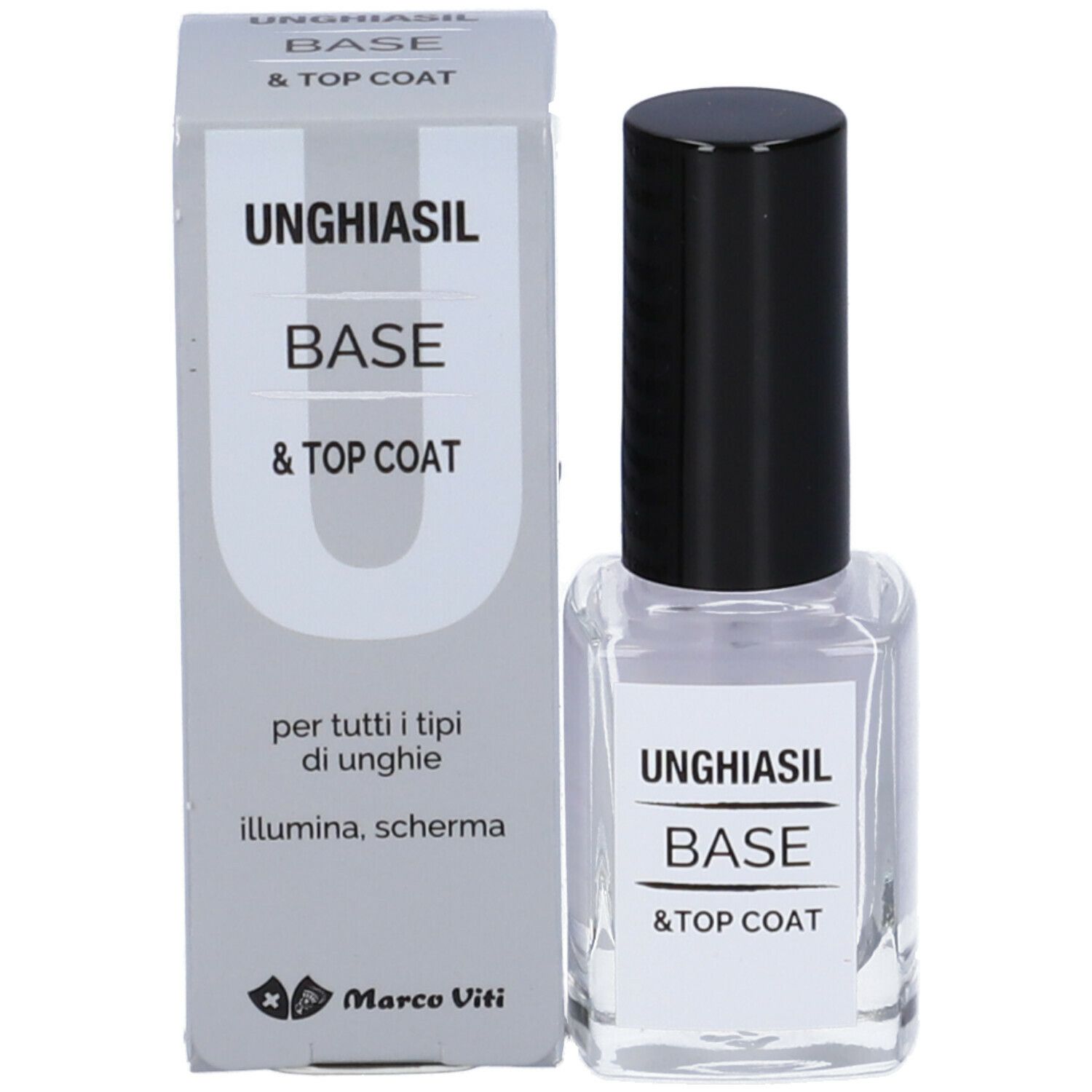Unghiasil Base & Top Coat. Liquido trasparente in flacone quadrato di vetro con tappo nero. Con confezione.