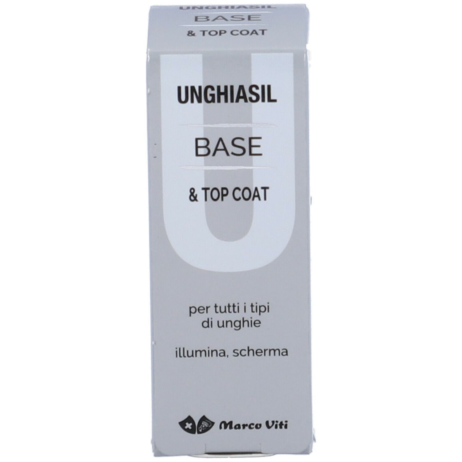 Unghiasil Base & Top Coat. Confezione. Bianca con nome del prodotto e logo. Vista verticale.