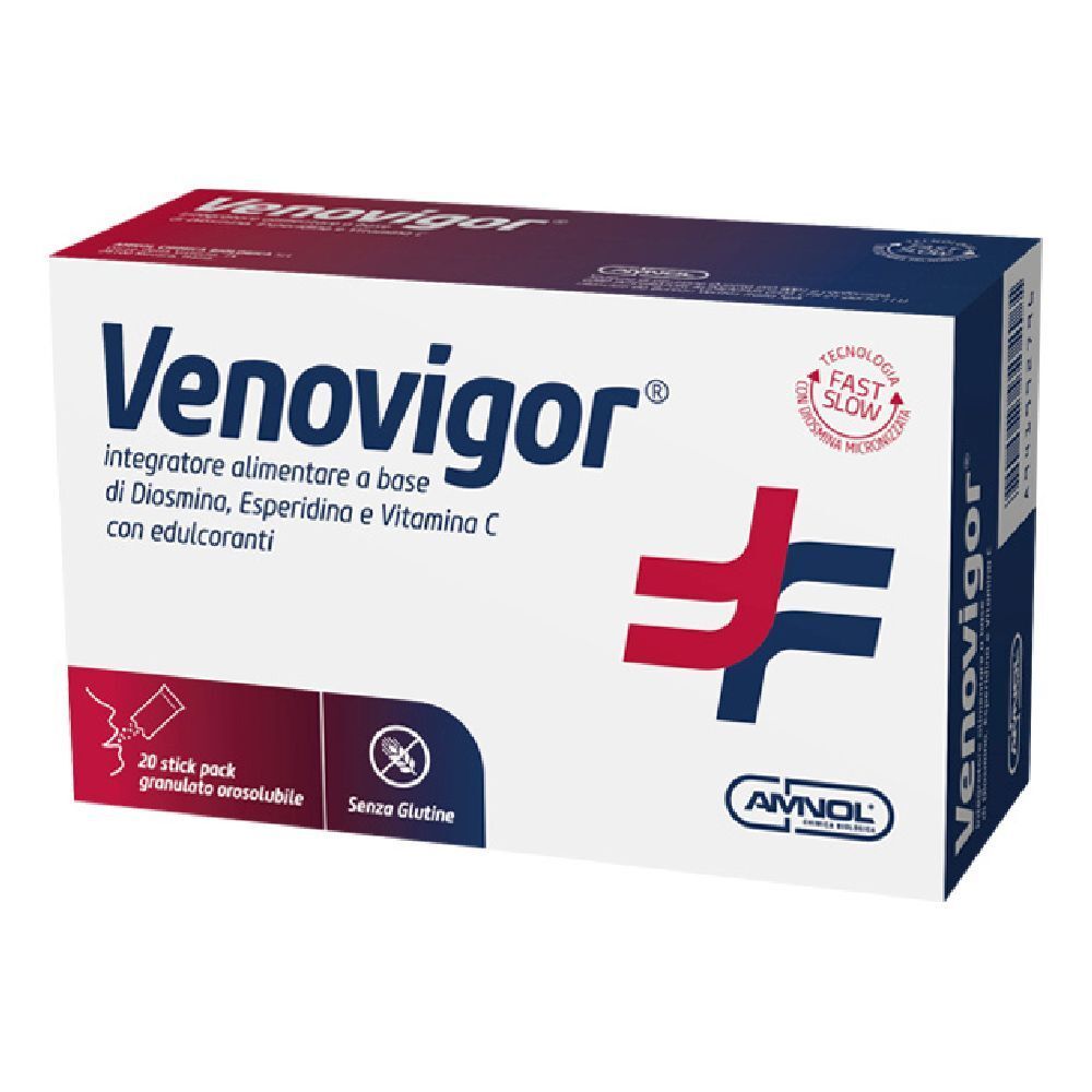 Verpackung von Venovigor®. Enthält 20 Beutel. Aufschrift: 'integratore alimentare'.