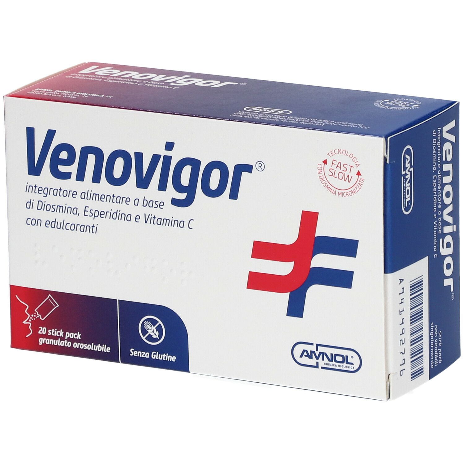 Venovigor®-Verpackung. Enthält 20 Beutel. Aufschrift: 'integratore alimentare'.
