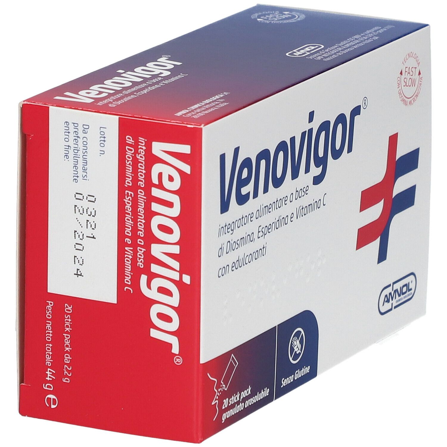 Venovigor®-Verpackung. Enthält 20 Beutel. Aufschrift: 'integratore alimentare'.