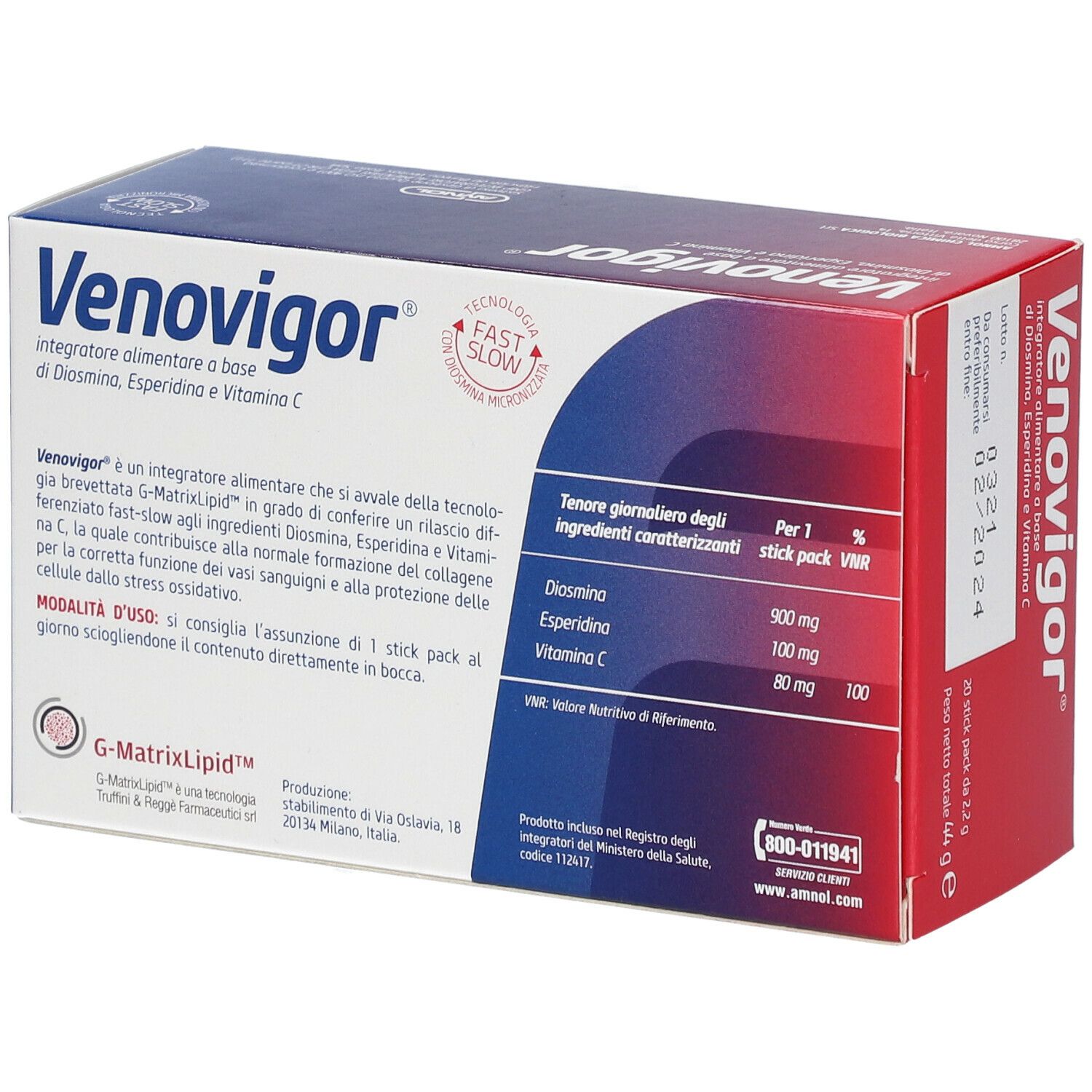 Venovigor®-Verpackung. Enthält 20 Beutel. Aufschrift: 'integratore alimentare'.