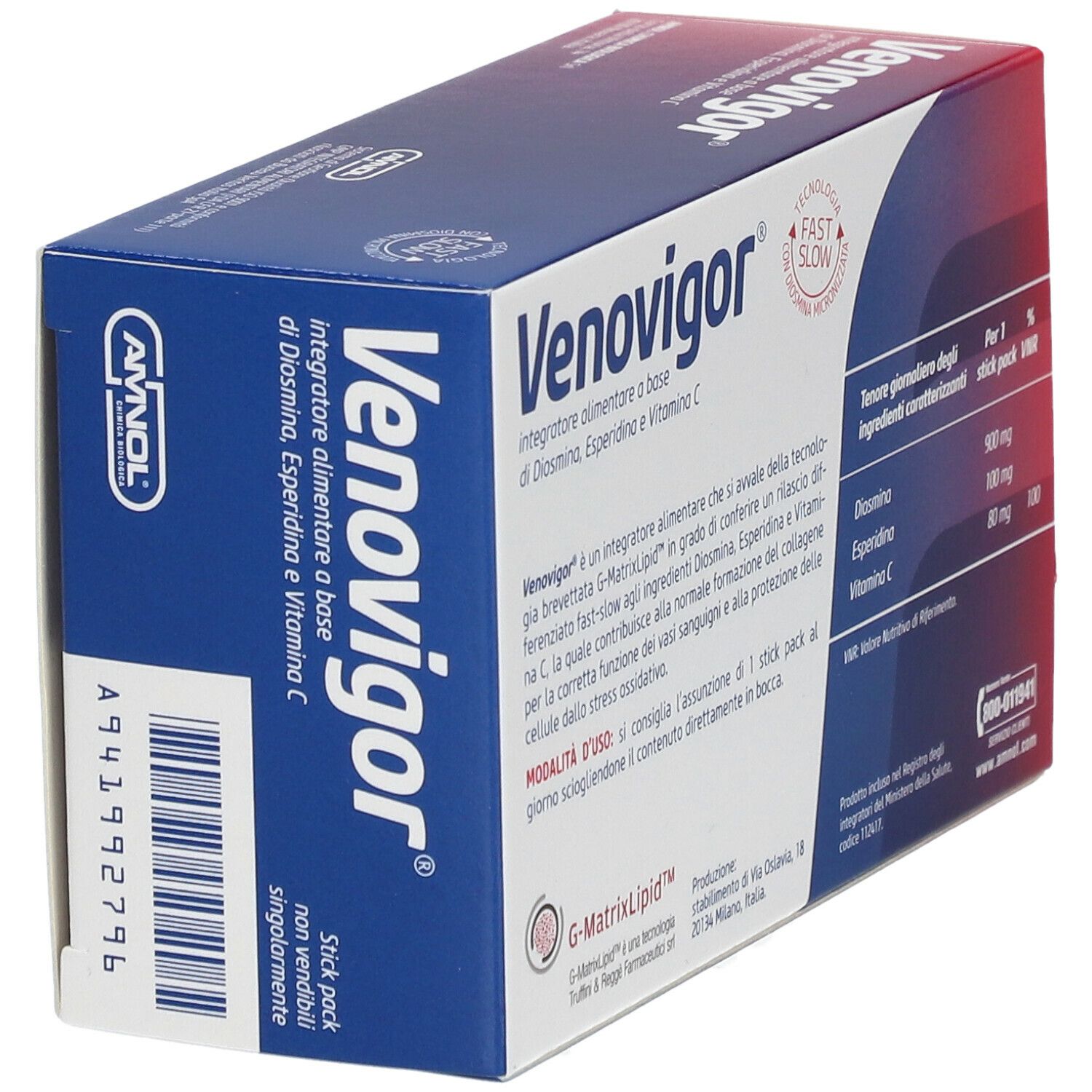 Venovigor®-Verpackung. Enthält 20 Beutel. Aufschrift: 'integratore alimentare'.