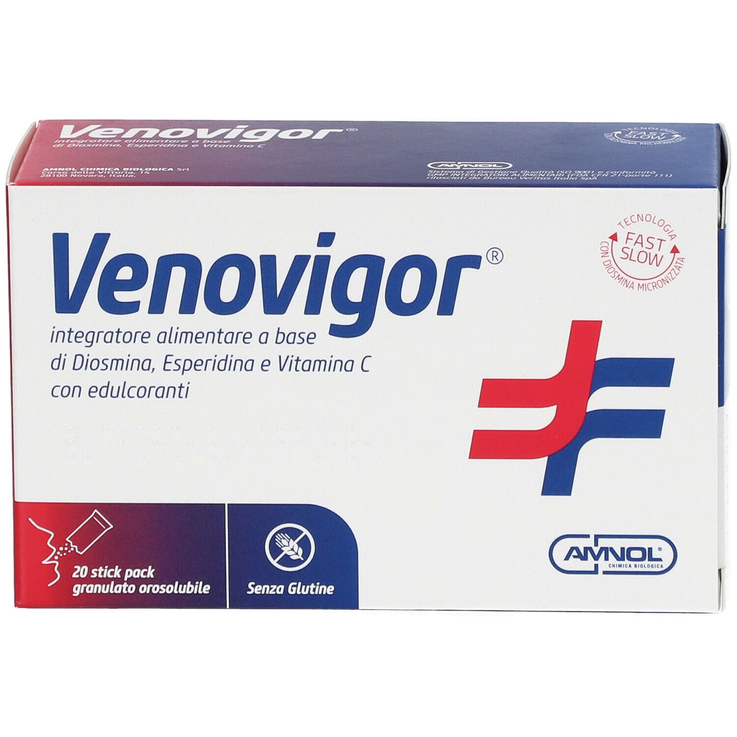 Venovigor®-Verpackung. Enthält 20 Beutel. Aufschrift: 'integratore alimentare'.